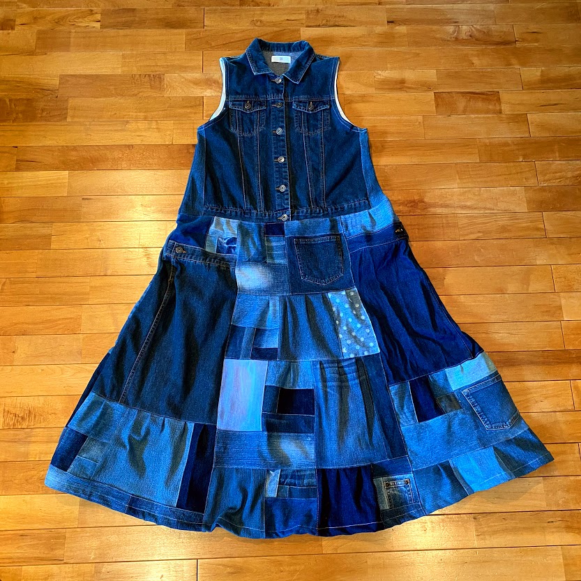 ゆったりめ デニムリメイク ワンピース パッチワーク デニムワンピース ロングワンピース デニムドレス Iichi ハンドメイド クラフト作品 手仕事品の通販