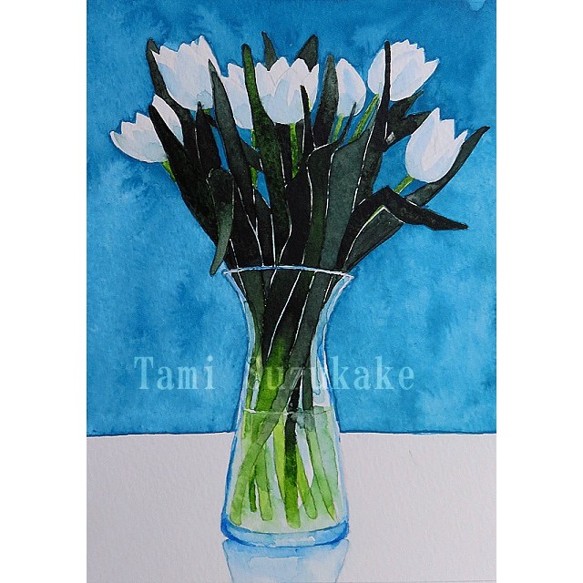 水彩画 原画 白いチューリップとガラスの花瓶 Iichi ハンドメイド クラフト作品 手仕事品の通販