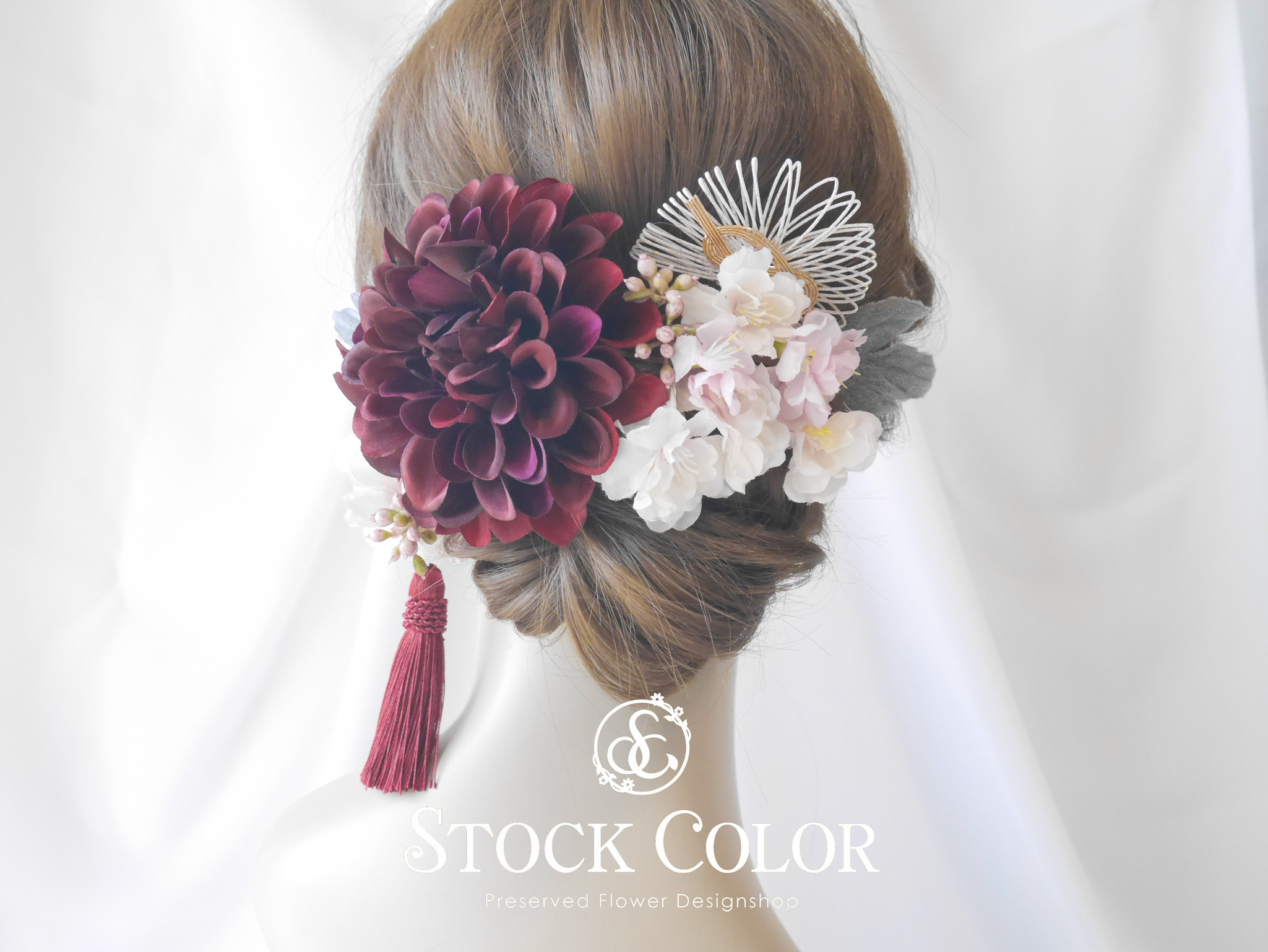 ダリアと八重桜のヘッドドレス ヘアアクセサリー(深紅レッド)＊結婚式