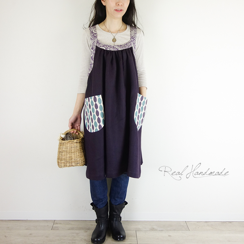 リネングレープとボタニカルフラワーエプロンワンピース Iichi ハンドメイド クラフト作品 手仕事品の通販