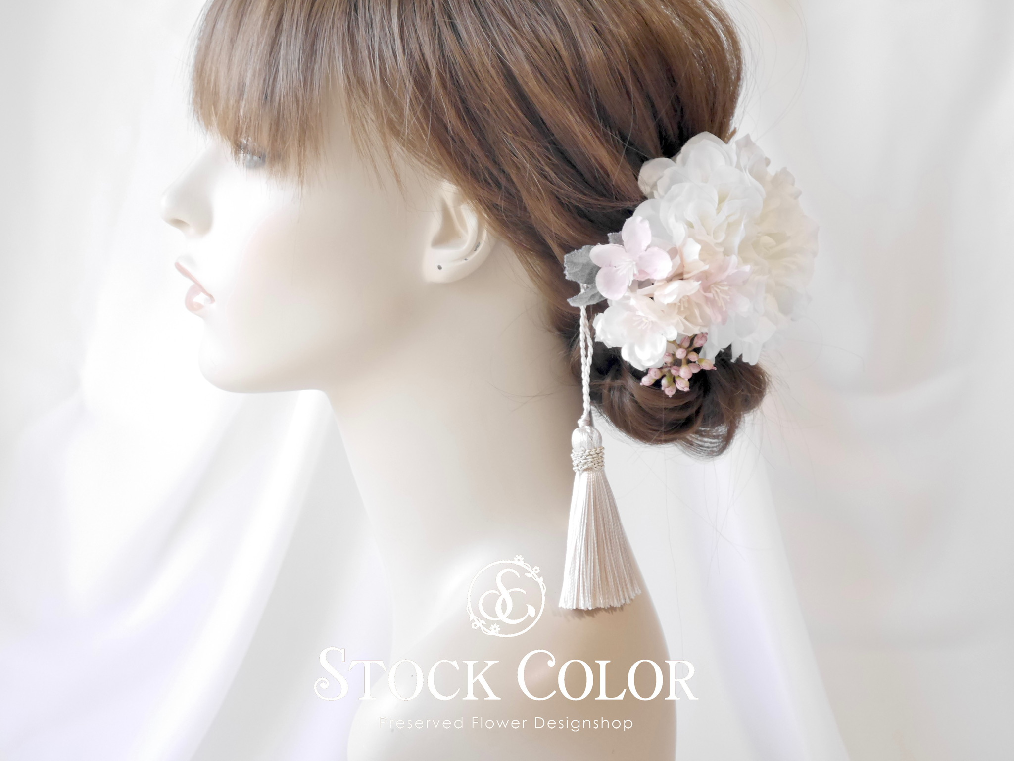 ダリアと八重桜のヘッドドレス ヘアアクセサリー(アイボリーピンク 