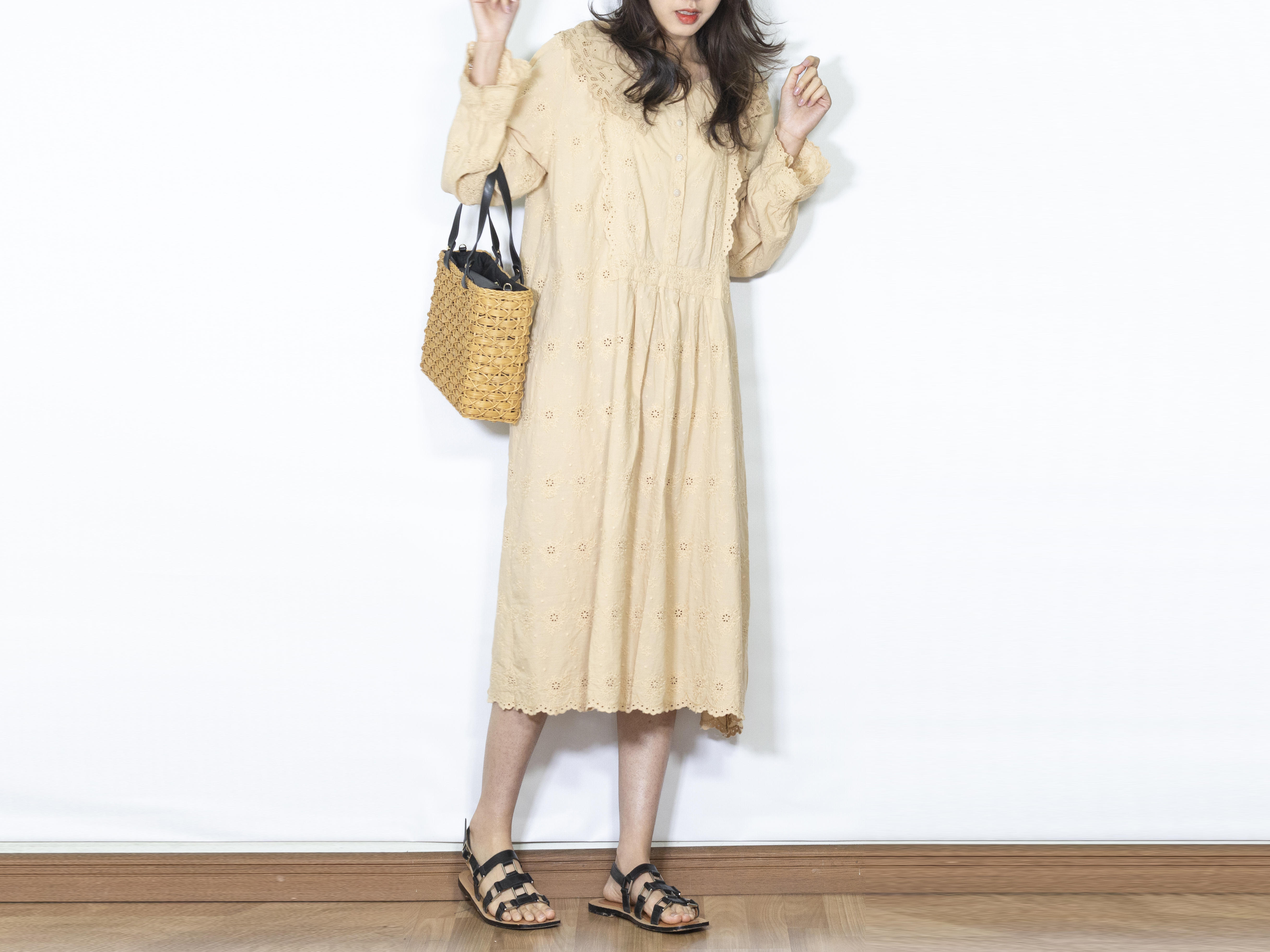 ノーカラー ガーゼシャツワンピース ピンクベージュ Iichi ハンドメイド クラフト作品 手仕事品の通販