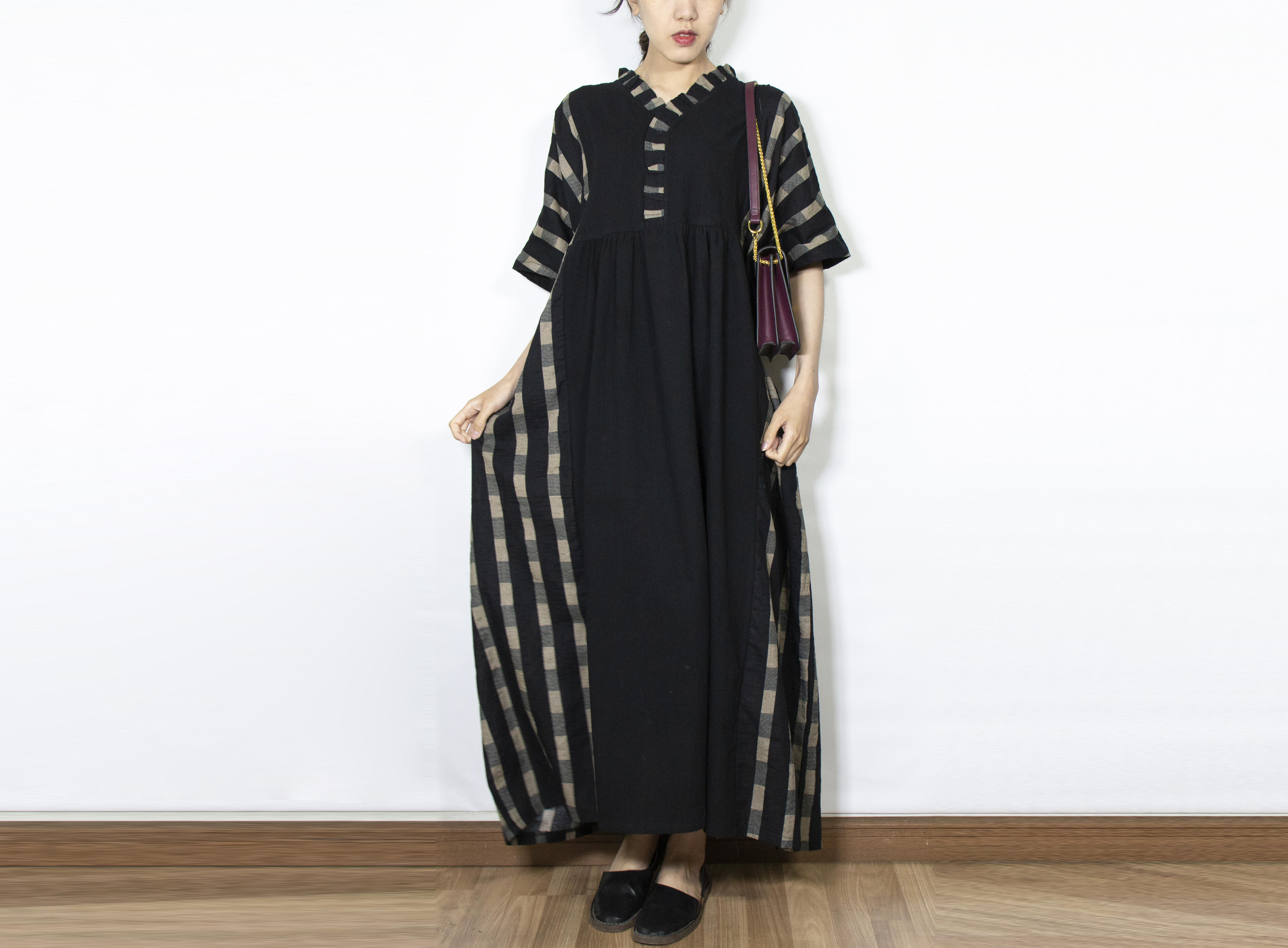 ラミーリネン混合生地ウエストギャザー切替えワンピース Iichi ハンドメイド クラフト作品 手仕事品の通販
