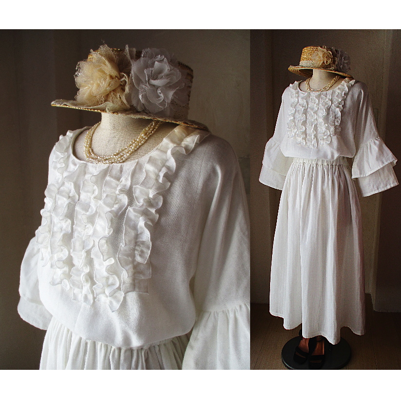 お家時間も可愛く ダブルガーゼ フリルギャザーワンピース ラッフルスリーブ ペチコート付き ７分袖 ウエストゴム Iichi ハンドメイド クラフト作品 手仕事品の通販