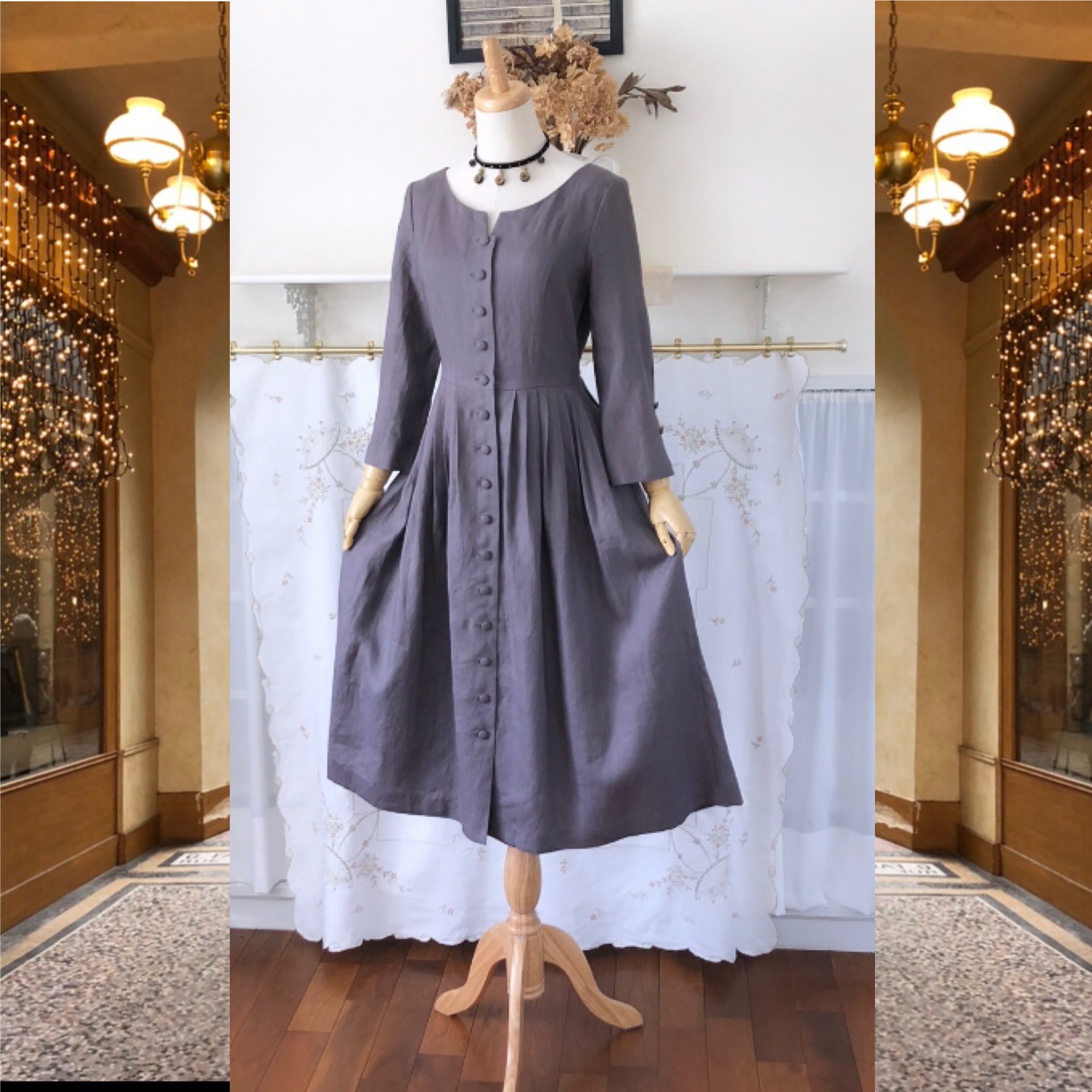 シックなリネンワンピース 上品でエレガントな女優ワンピース Iichi ハンドメイド クラフト作品 手仕事品の通販