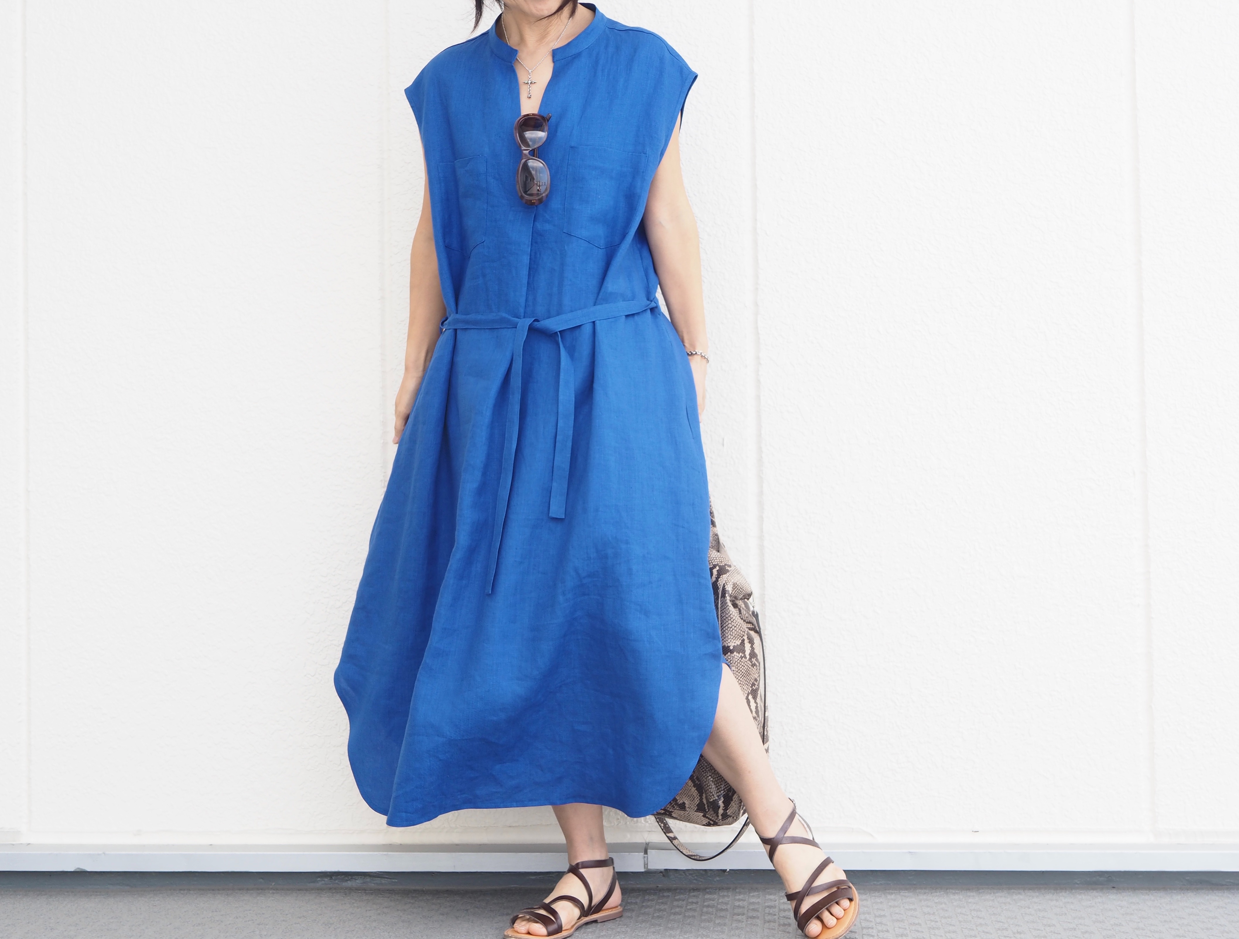 リネンvフレンチ袖ワンピ ブルー No 167 09 Iichi ハンドメイド クラフト作品 手仕事品の通販