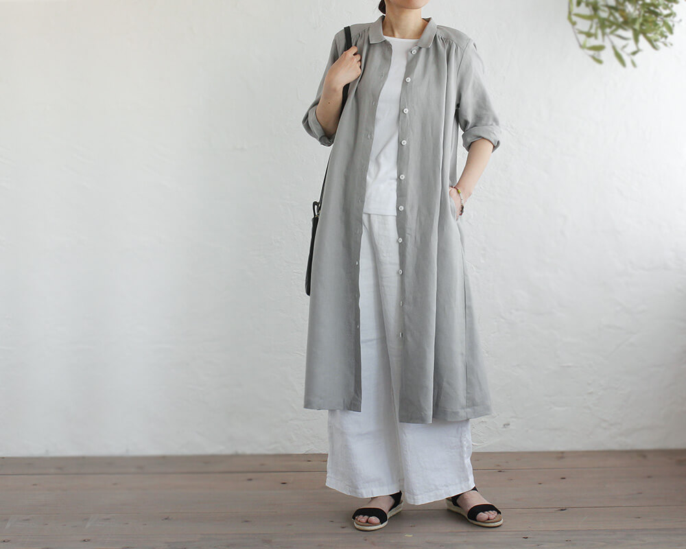 リネン 2way 長袖シャツワンピース 前開きギャザー 羽織り グレー Iichi ハンドメイド クラフト作品 手仕事品の通販