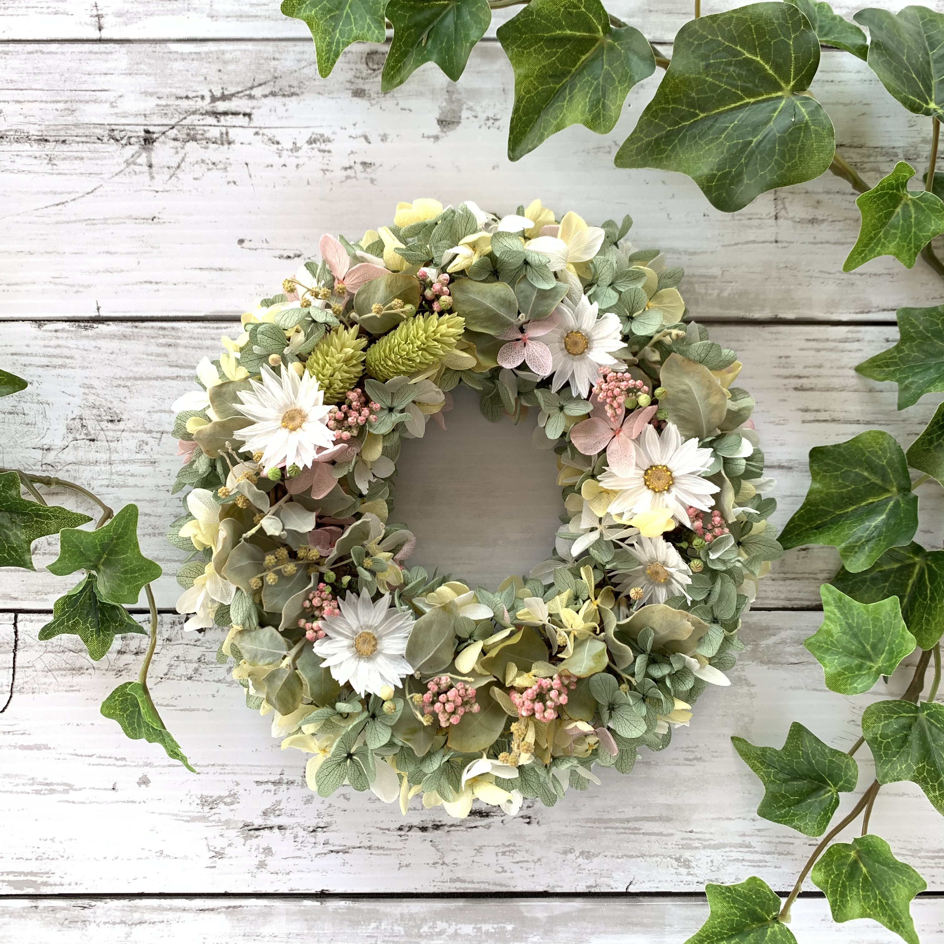 ミモザのグレイッシュリース 父の日 フラワーリース ドライフラワー Iichi ハンドメイド クラフト作品 手仕事品の通販