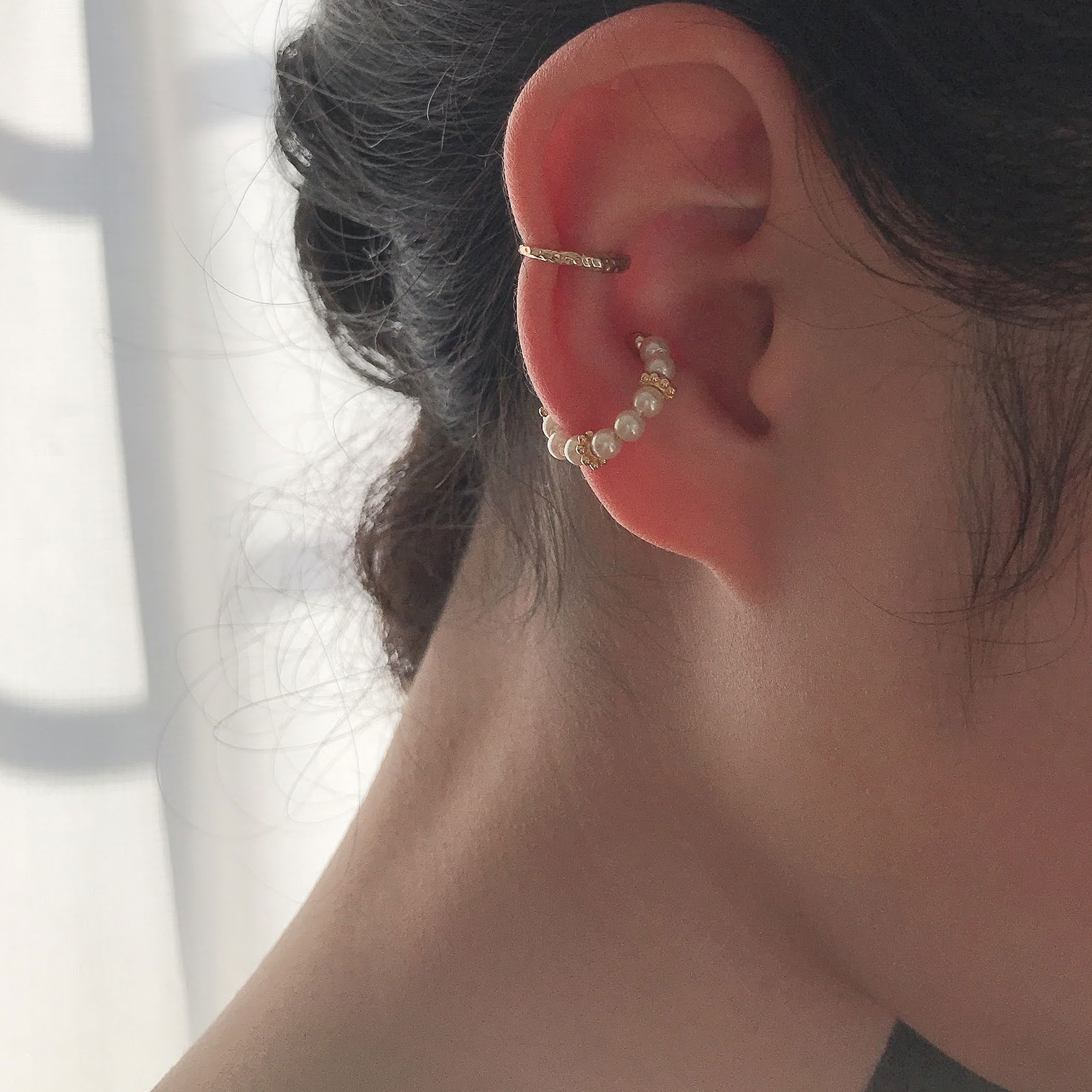 パールと花座のイヤーカフ シンプル槌目イヤーカフ 2ケセット Ec9 Ec1 Iichi ハンドメイド クラフト作品 手仕事品の通販