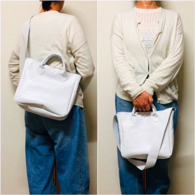 しわしわレザーの2wayスクエアショルダートートバック ホワイト Iichi ハンドメイド クラフト作品 手仕事品の通販