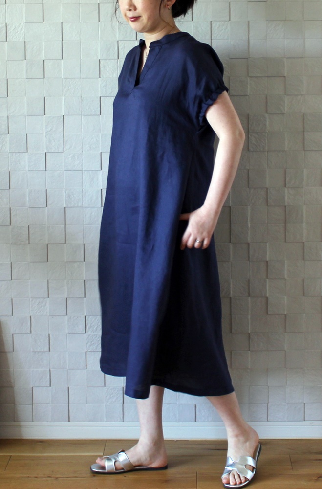 新作 リネン スキッパー袖ゴムワンピース ウォッシュドネイビー Iichi ハンドメイド クラフト作品 手仕事品の通販