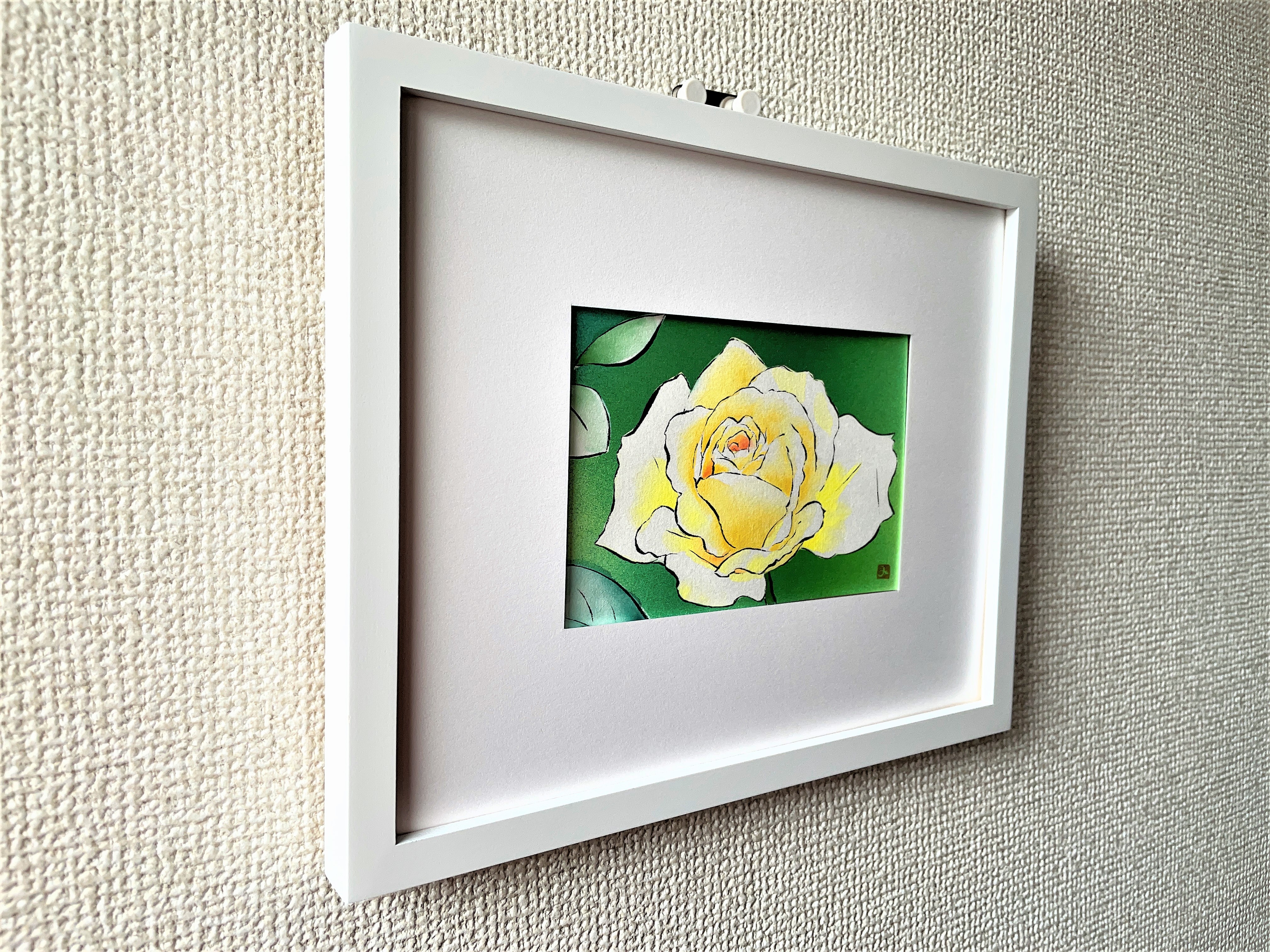 額付き 原画 黄色いバラ 薔薇 花の絵 インテリア 絵画 アート Iichi ハンドメイド クラフト作品 手仕事品の通販