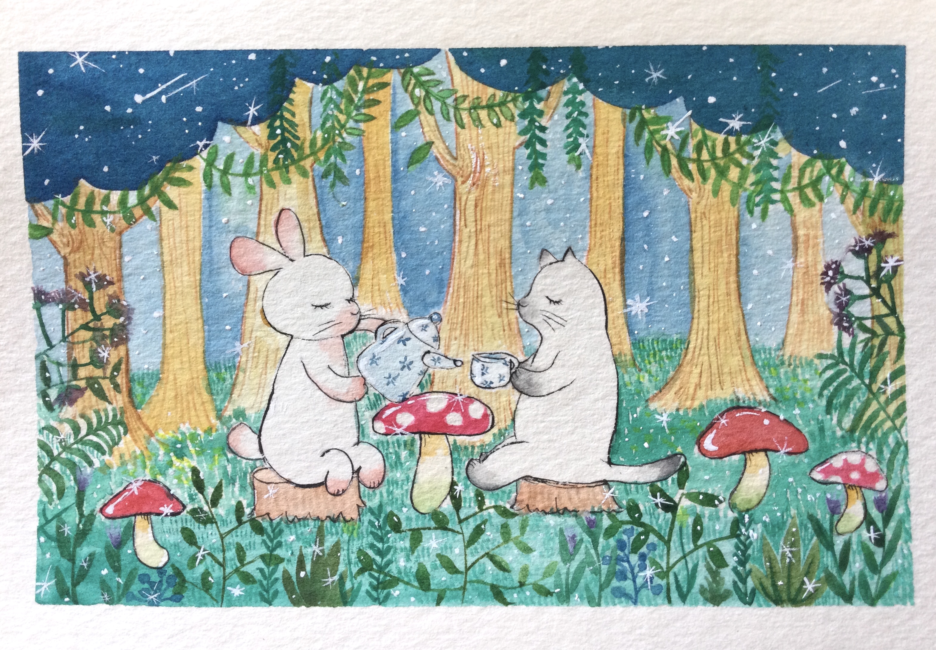 うさぎと猫のお茶会 水彩 原画 ブルー グリーン お部屋や玄関に飾ったりお友達にプレゼントしたり Iichi ハンドメイド クラフト作品 手仕事品の通販