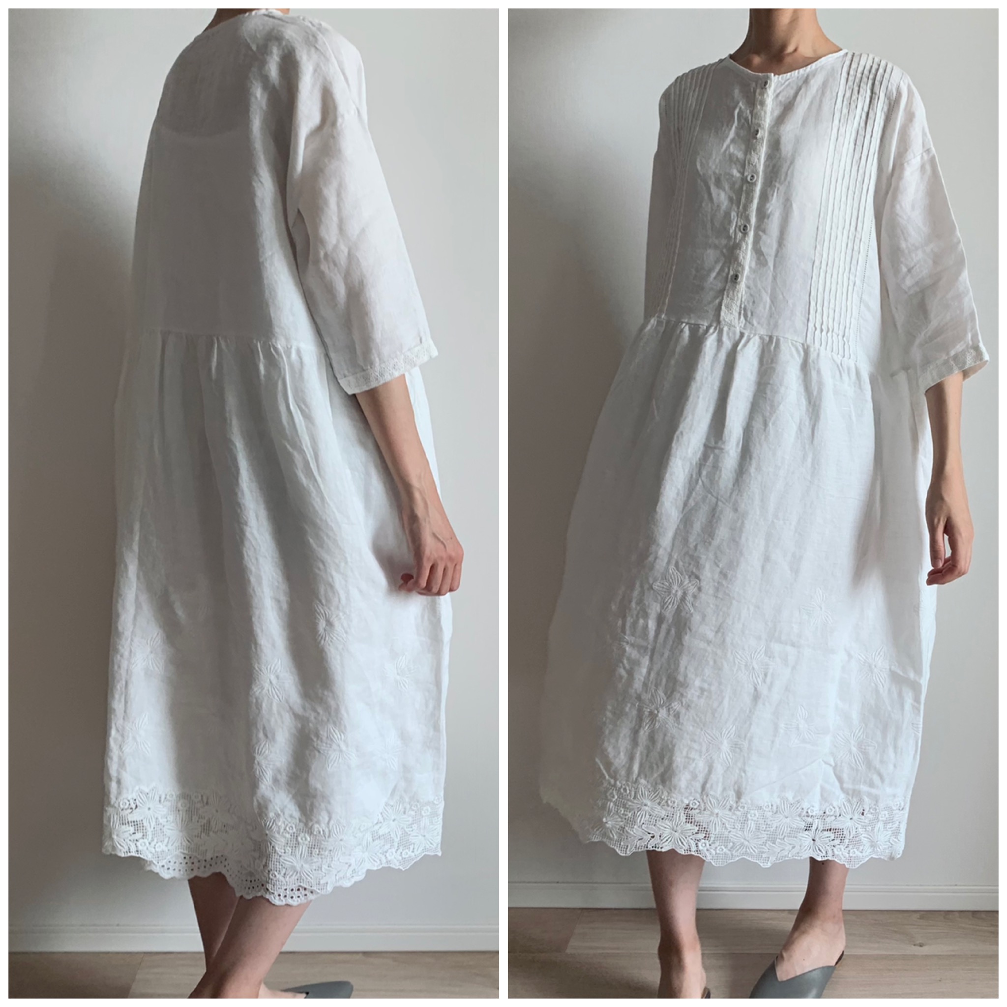 ピンタックリネンレースワンピース オフ白 Iichi ハンドメイド クラフト作品 手仕事品の通販