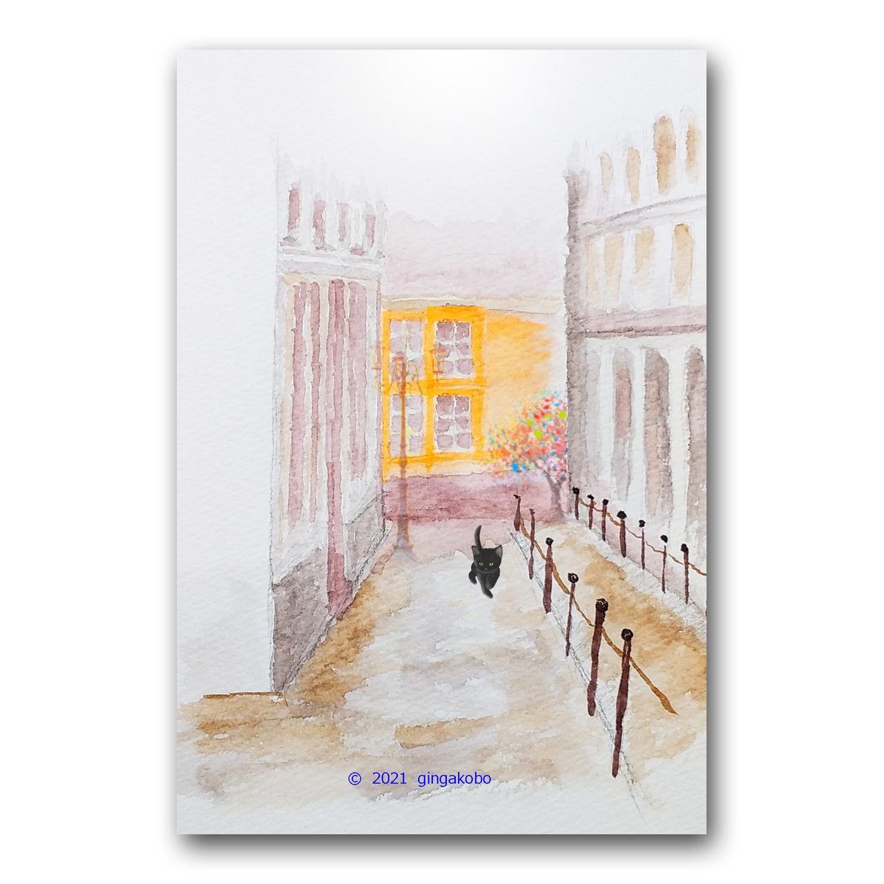 閑暇と話しながら散歩 猫 黒猫 街並み ほっこり癒しのイラストポストカード2枚組no 1361 Iichi ハンドメイド クラフト作品 手仕事品の通販