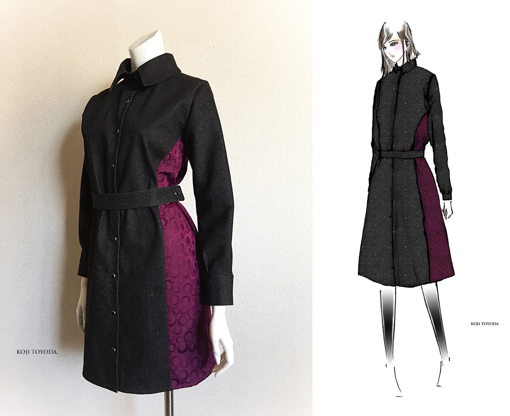 1点もの デザイン画付き 岡山産デニム 黒 ベルト付き切り替えシャツ型コートワンピース Koji Toyoda Iichi ハンドメイド クラフト作品 手仕事品の通販