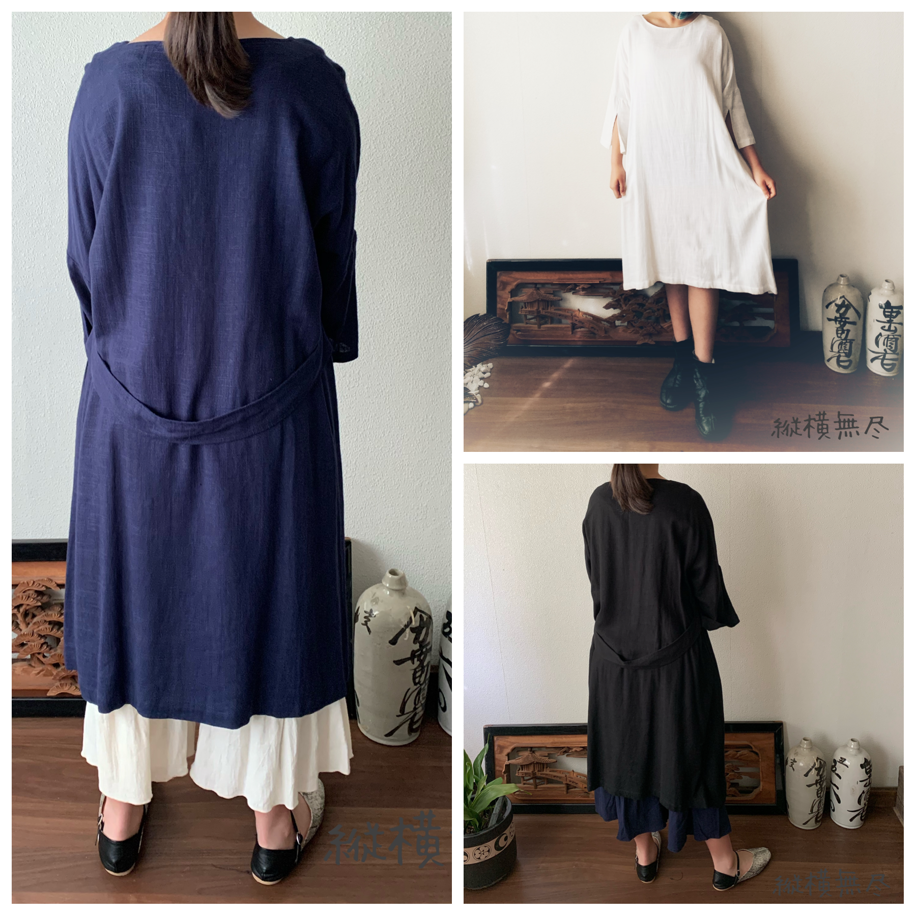 ゆったりaラインヘンプワンピース 楽ちんなサイズだけど袖スリットと後ろベルト付ですっきり 黒 Iichi ハンドメイド クラフト作品 手仕事品の通販