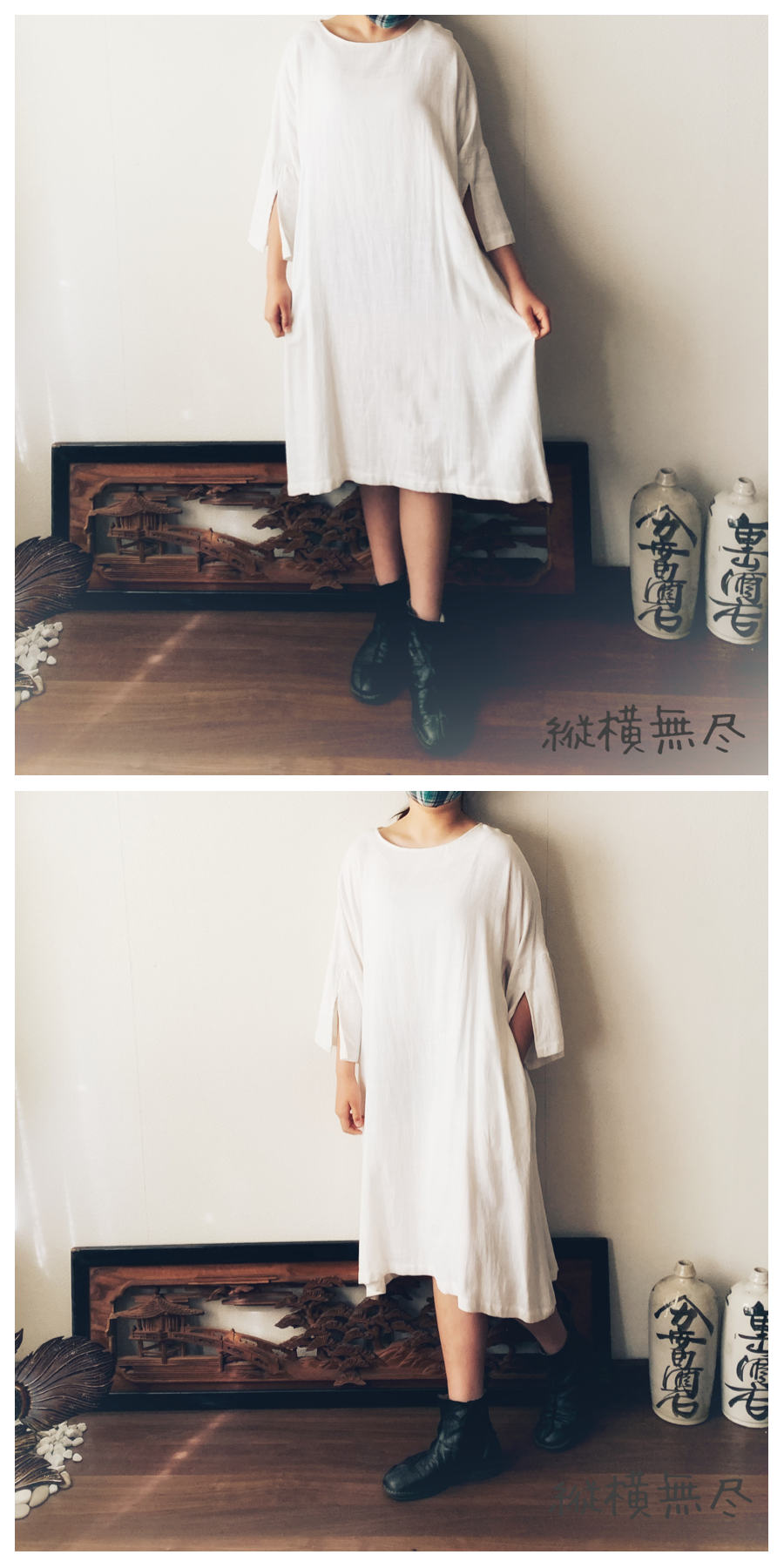 ゆったりaラインヘンプワンピース 楽ちんなサイズだけど袖スリットと後ろベルト付ですっきり 黒 Iichi ハンドメイド クラフト作品 手仕事品の通販