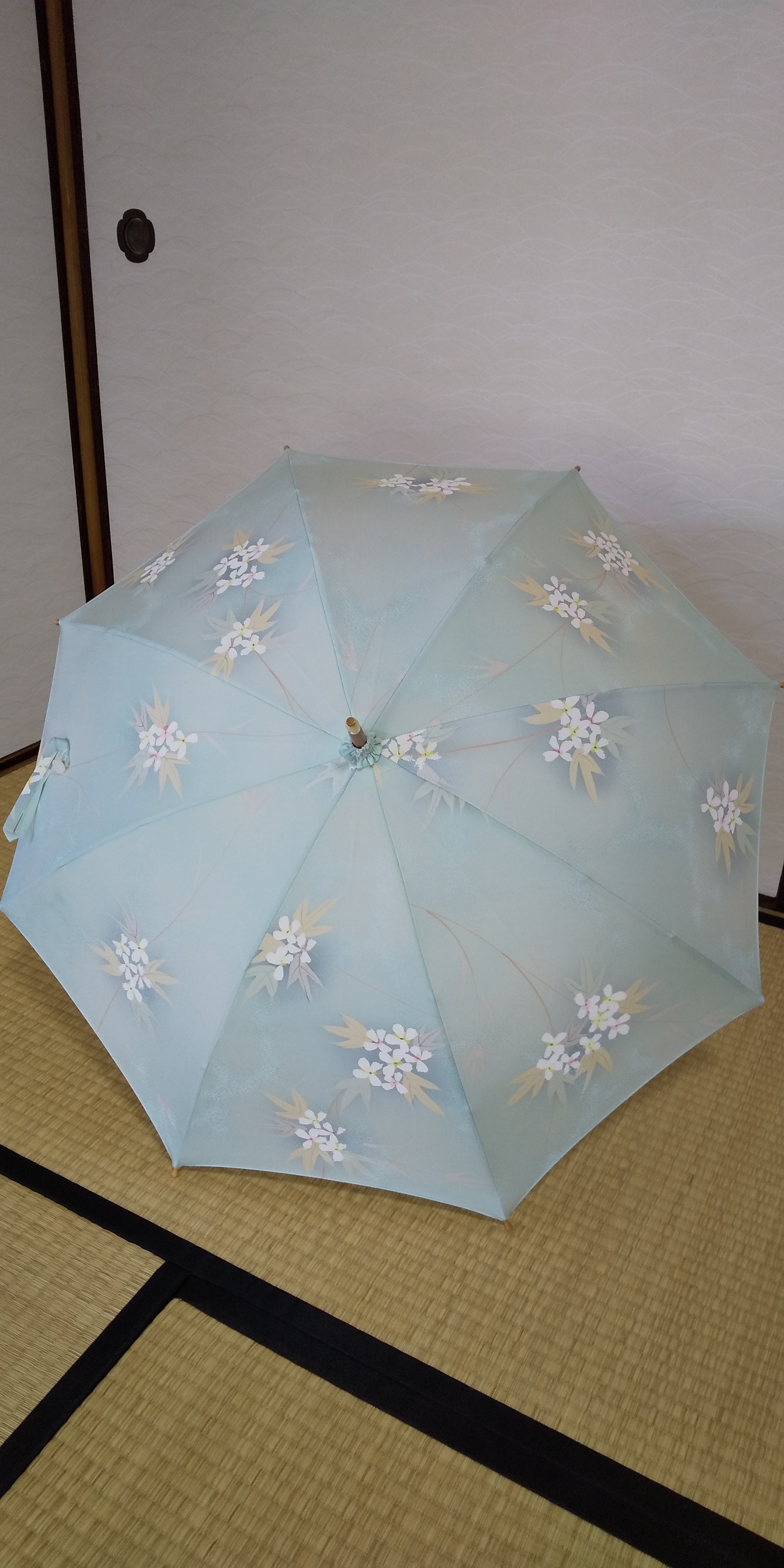 水色に白い花がかわいい日傘 Iichi ハンドメイド クラフト作品 手仕事品の通販