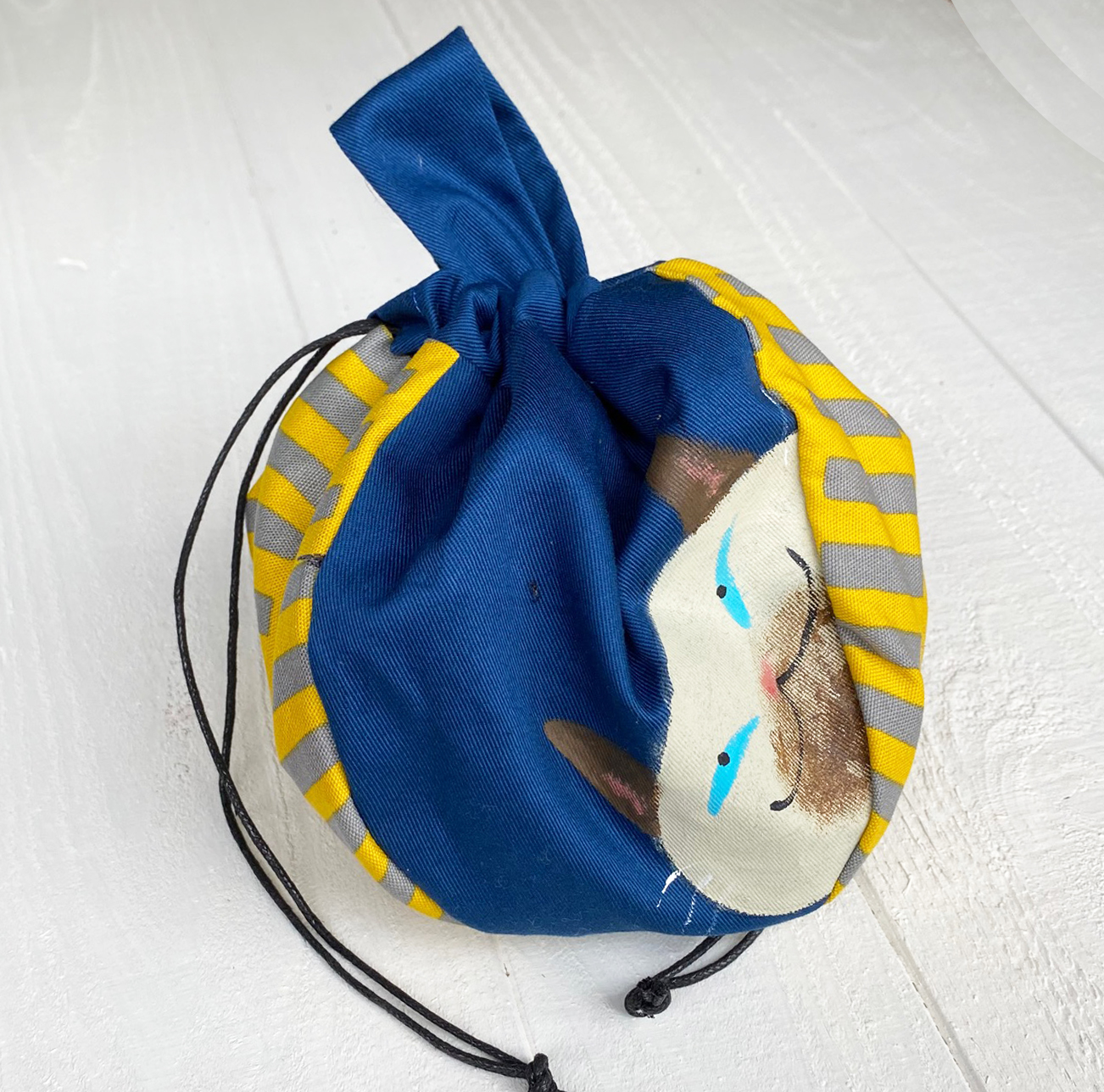 シャム猫巾着バッグ 青 ボーダー Iichi ハンドメイド クラフト作品 手仕事品の通販