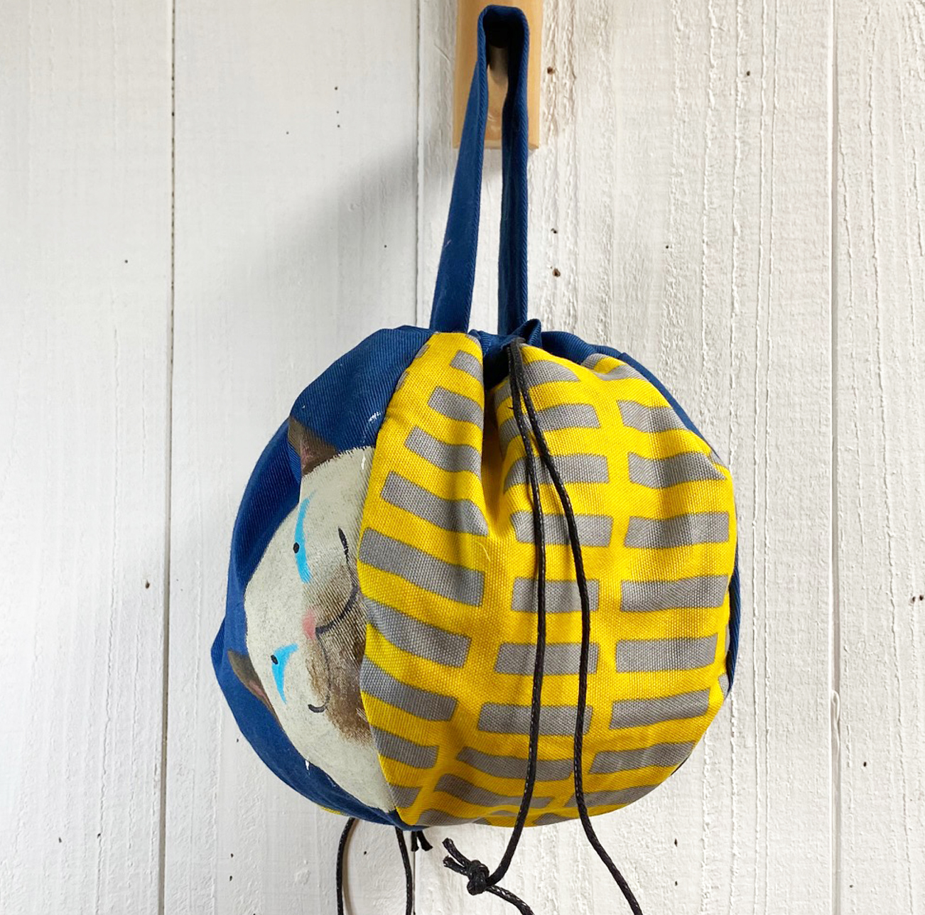 シャム猫巾着バッグ 青 ボーダー Iichi ハンドメイド クラフト作品 手仕事品の通販