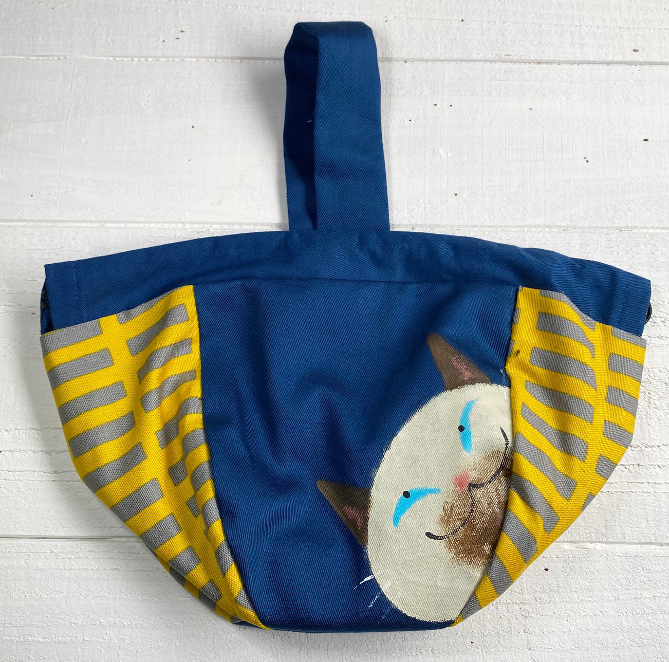 シャム猫巾着バッグ 青 ボーダー Iichi ハンドメイド クラフト作品 手仕事品の通販
