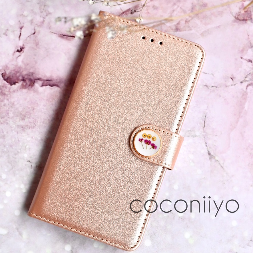 シンプル上品 手帳型 Iphoneケース 押し花 ドライフラワー ピンク ゴールド スマホケース スマートフォン Iichi ハンドメイド クラフト作品 手仕事品の通販