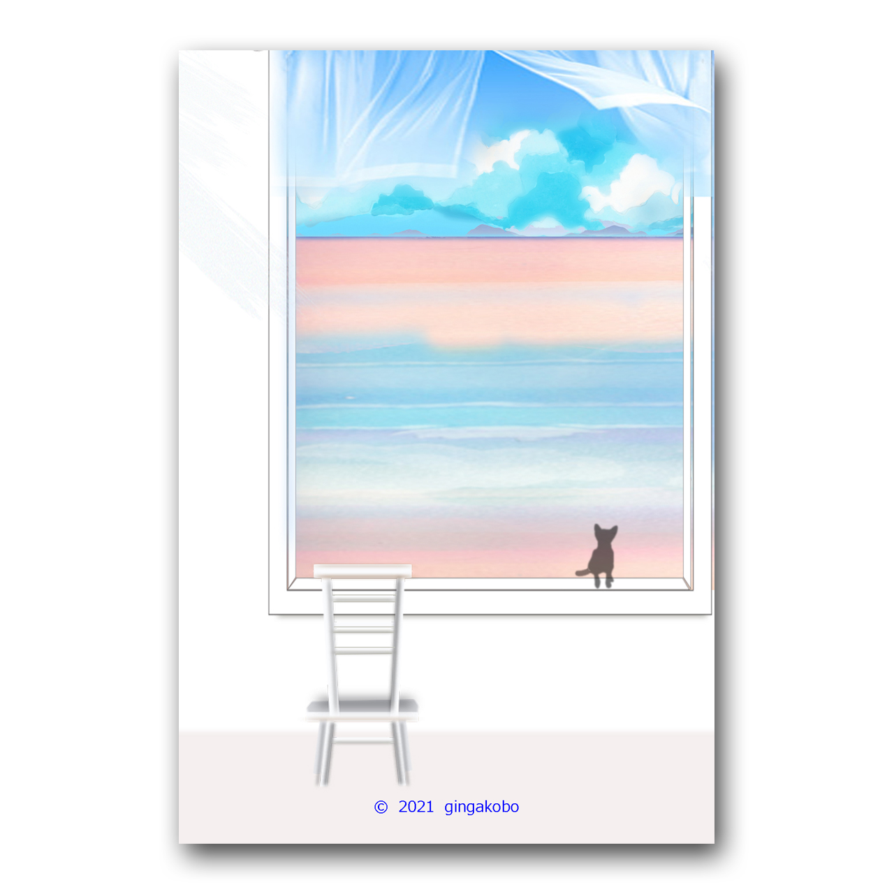 風が言葉の花びらになる 猫 海 ほっこり癒しのイラストポストカード2枚組no 1373 Iichi ハンドメイド クラフト作品 手仕事品の通販