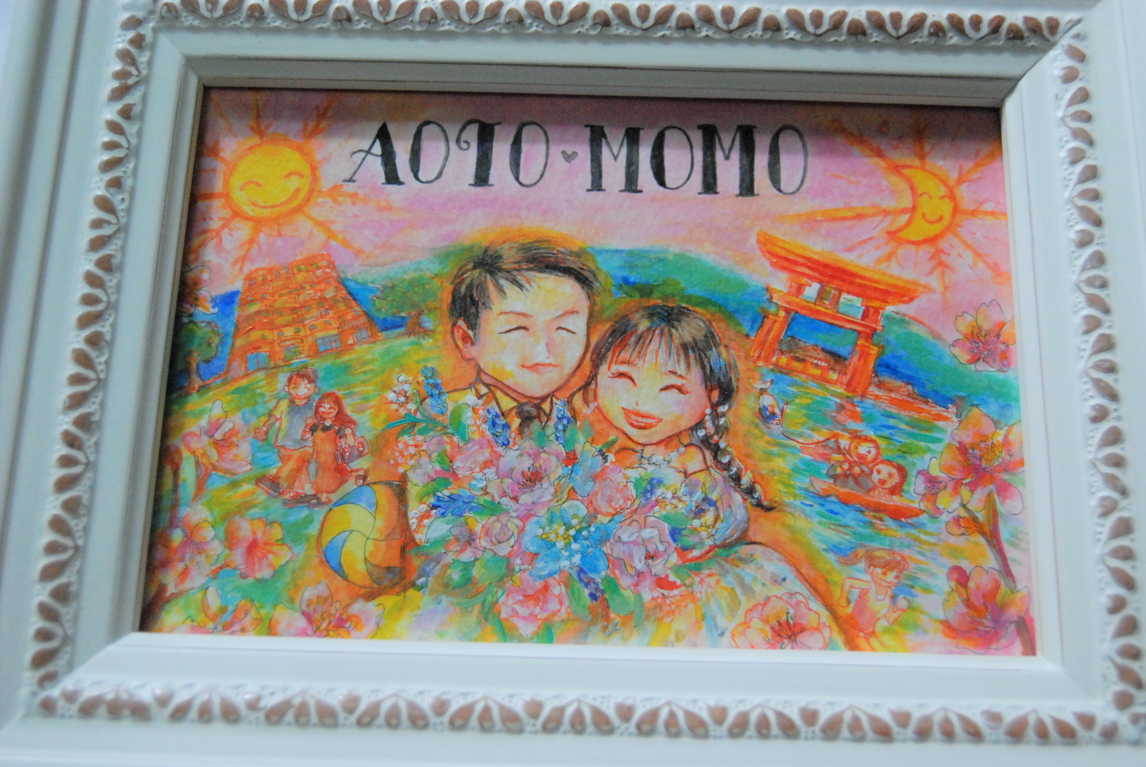 なかよし新婚さん似顔絵 桃色に囲まれて ウエディング お祝い 結婚式 特注 似顔絵 A5サイズ額込み Iichi ハンドメイド クラフト作品 手仕事品の通販