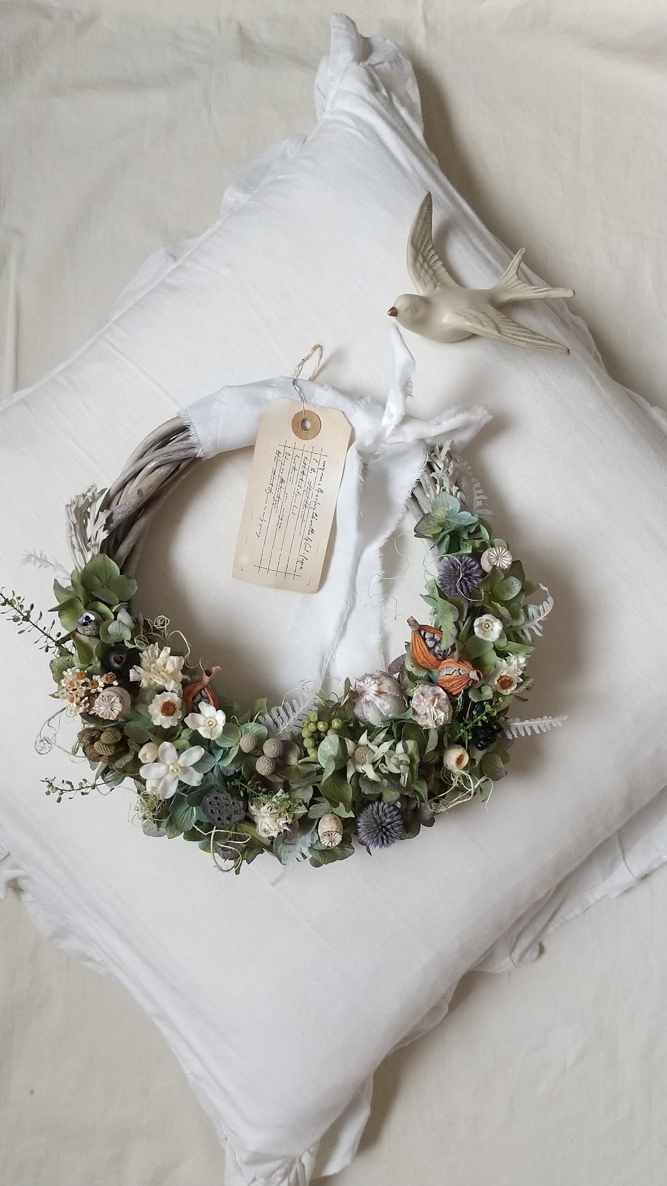 ドライアジサイとアザミのgarden Wreath プリザーブドフラワードライフラワーグリーン アンティーク ギフト Iichi ハンドメイド クラフト作品 手仕事品の通販