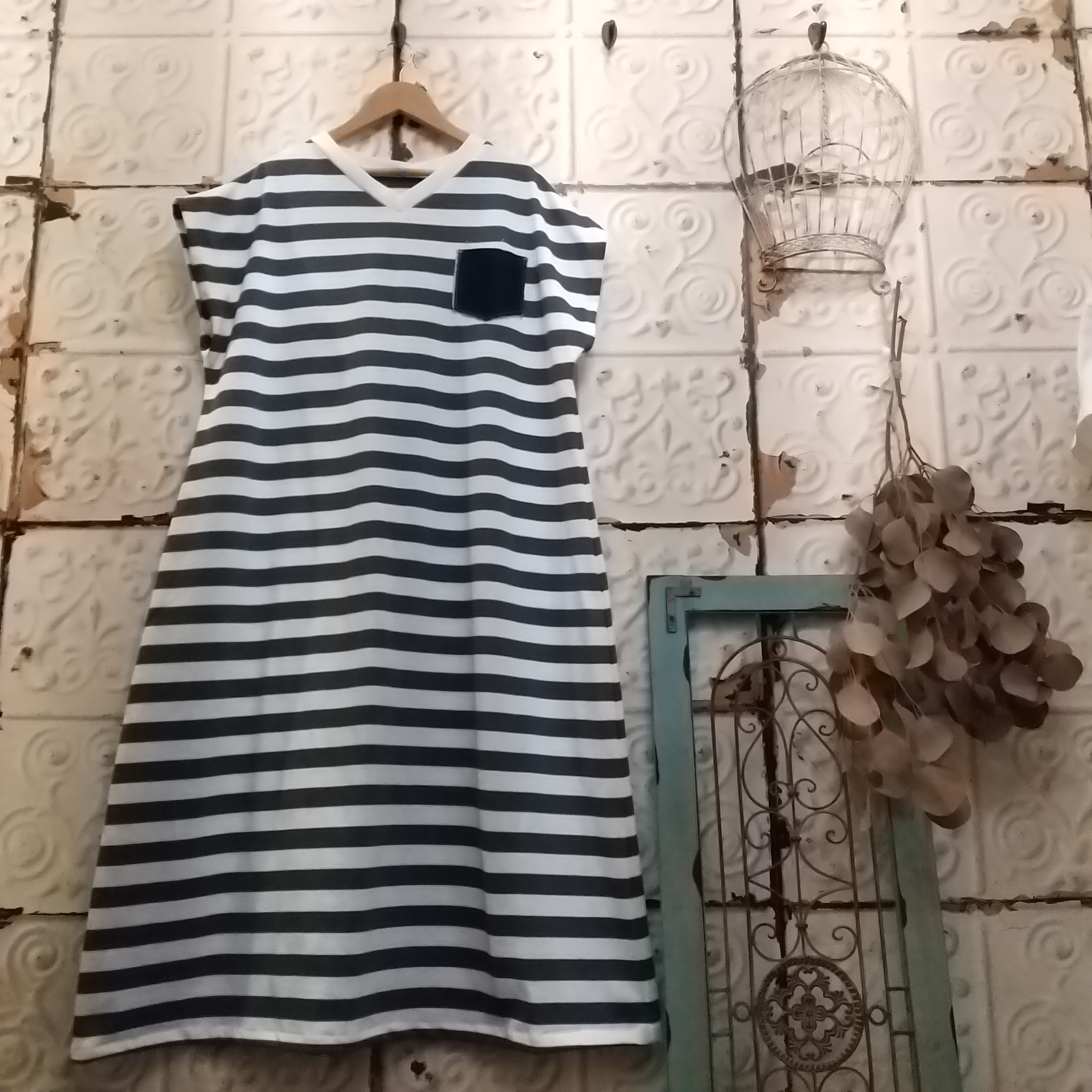 珍しいチャコールグレーボーダーコットンニットワンピース Iichi ハンドメイド クラフト作品 手仕事品の通販