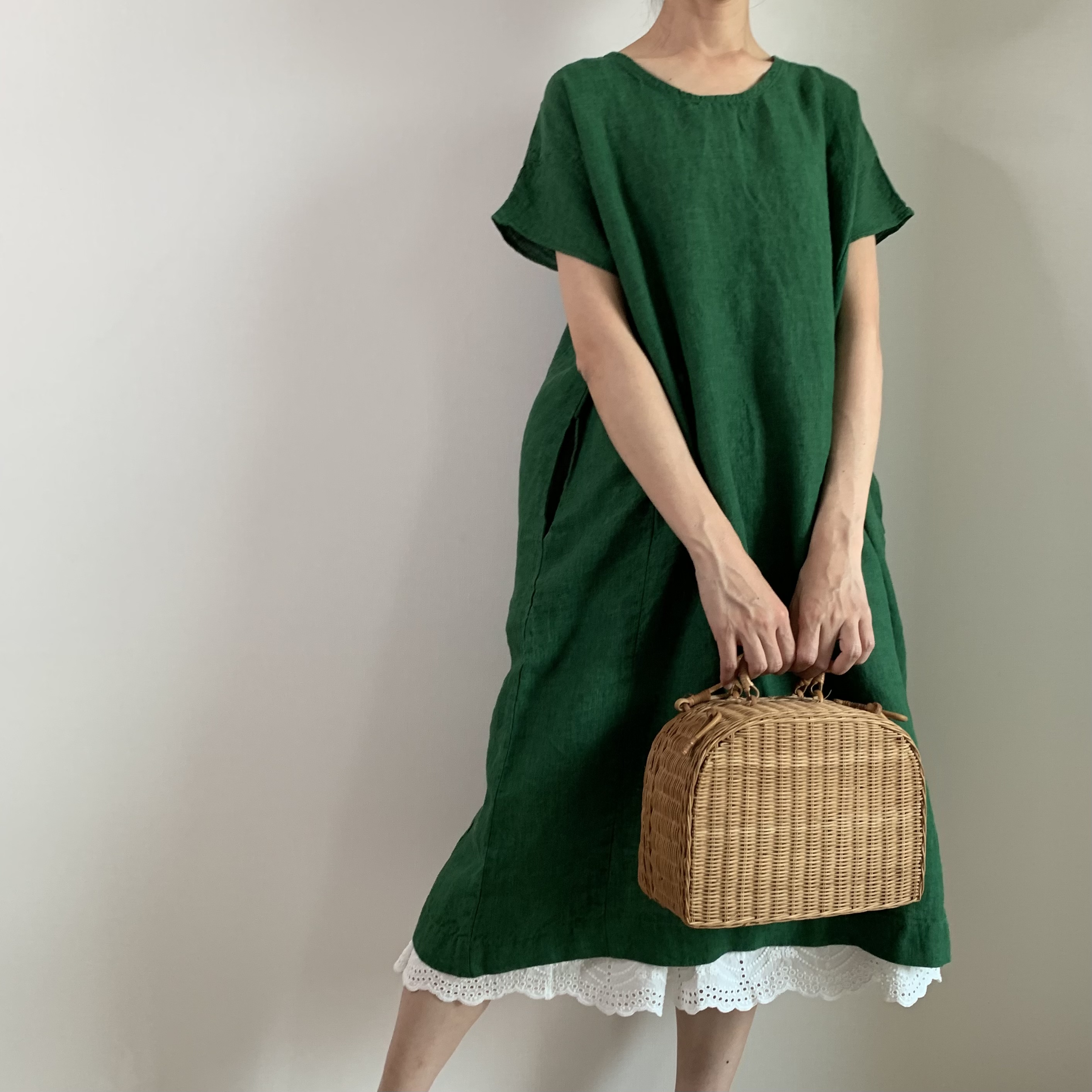 リネンシンプルワンピース グリーン Iichi ハンドメイド クラフト作品 手仕事品の通販