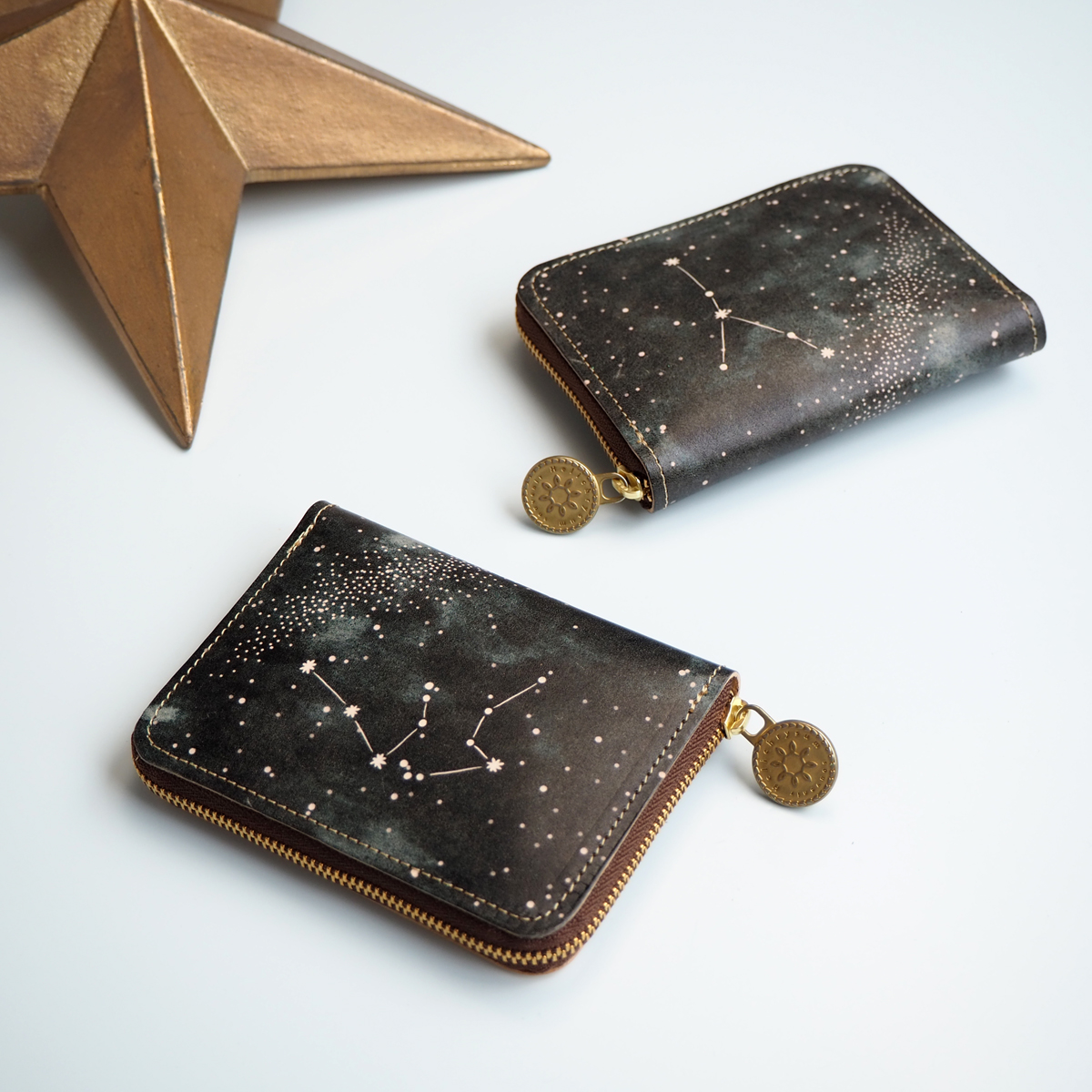 ラウンドファスナー コンパクト 財布 12星座の星空 12デザイン 本革 コンパクト レディース メンズ Iichi ハンドメイド クラフト作品 手仕事品の通販