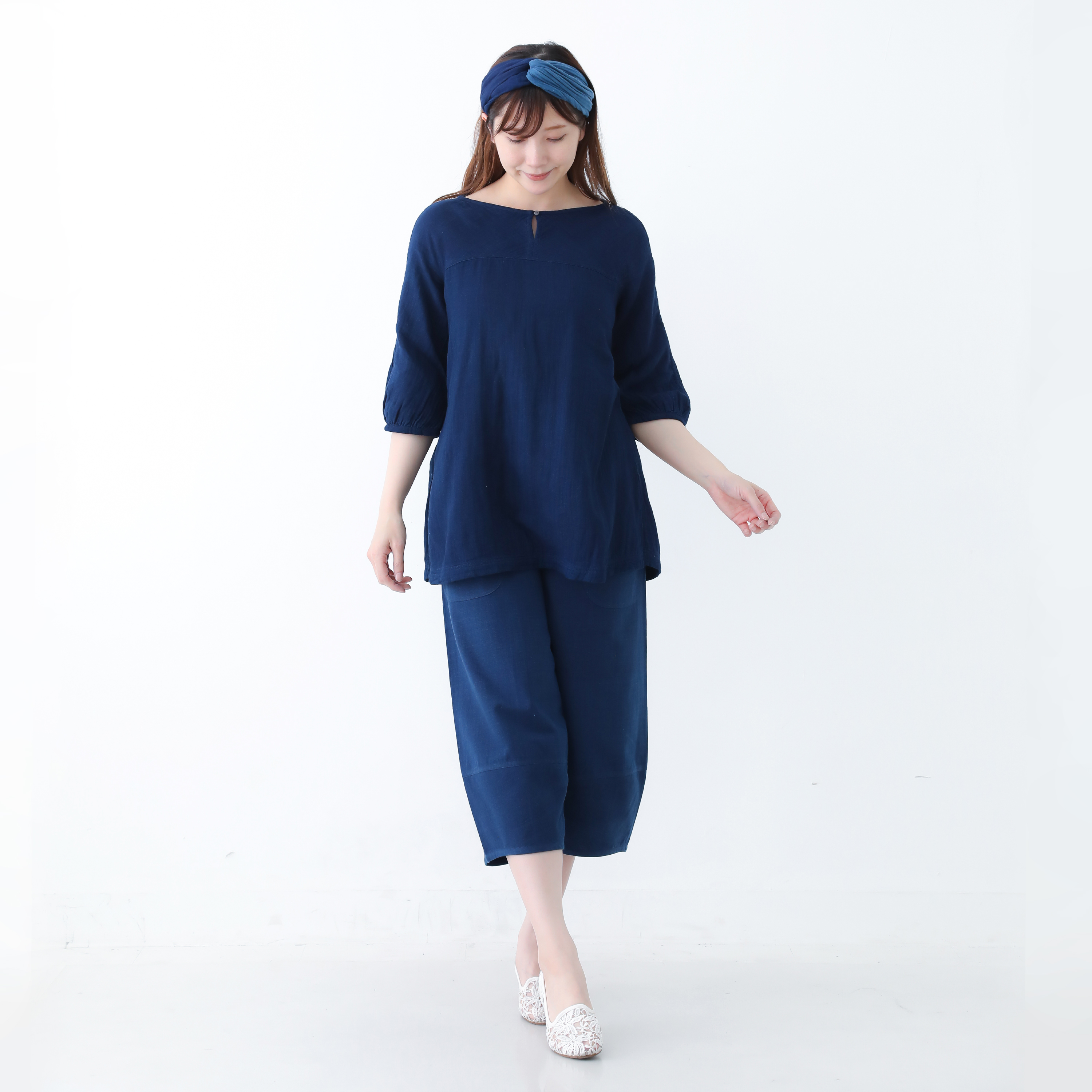 Tomo コットン100 Wガーゼ素材 インディゴカラー ボートネック チュニック シャツ M Lサイズ Iichi ハンドメイド クラフト作品 手仕事品の通販