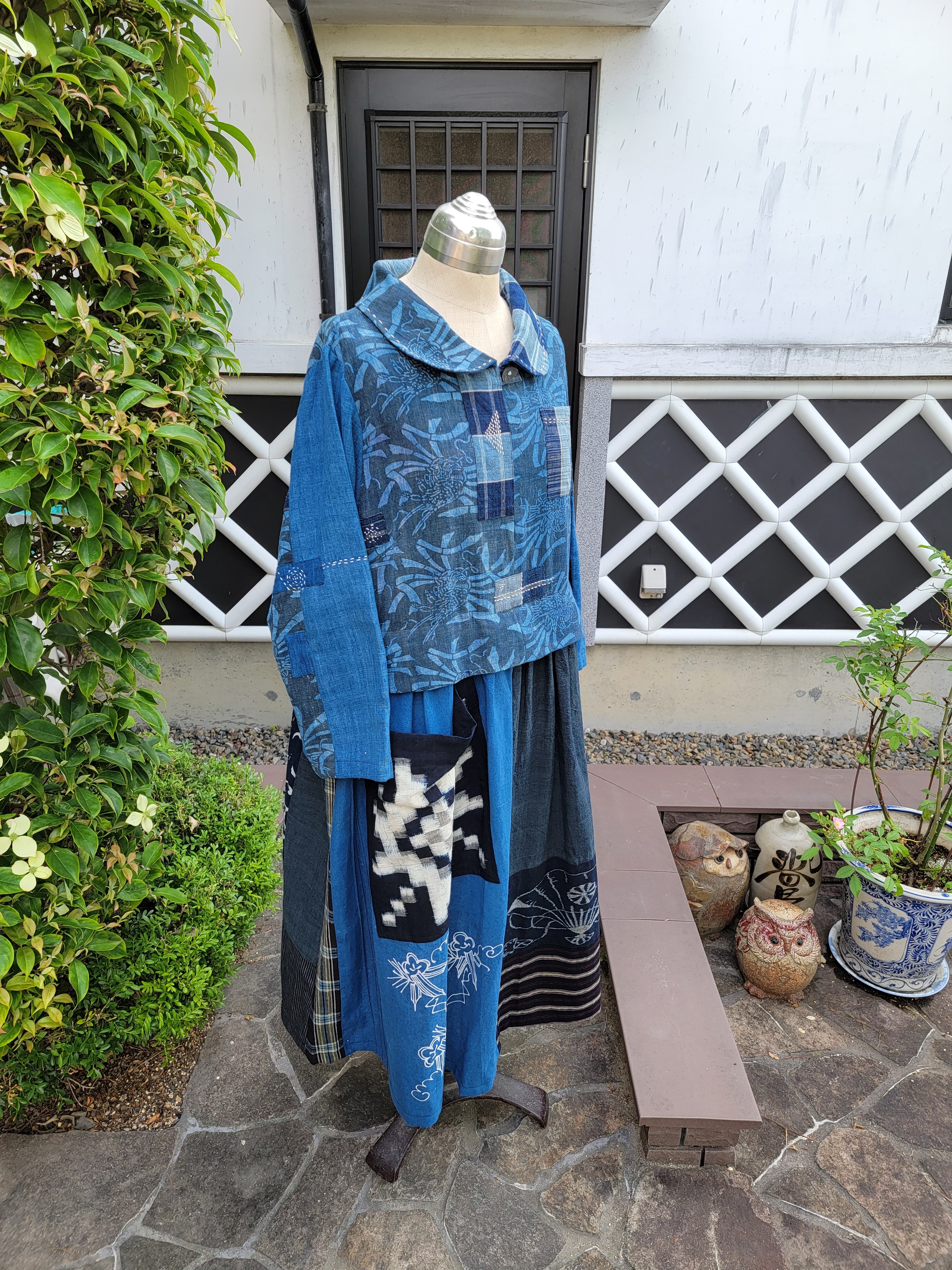着物リメイク 手作り 型染め 絵がすりなど パッチ ワンピース Iichi ハンドメイド クラフト作品 手仕事品の通販