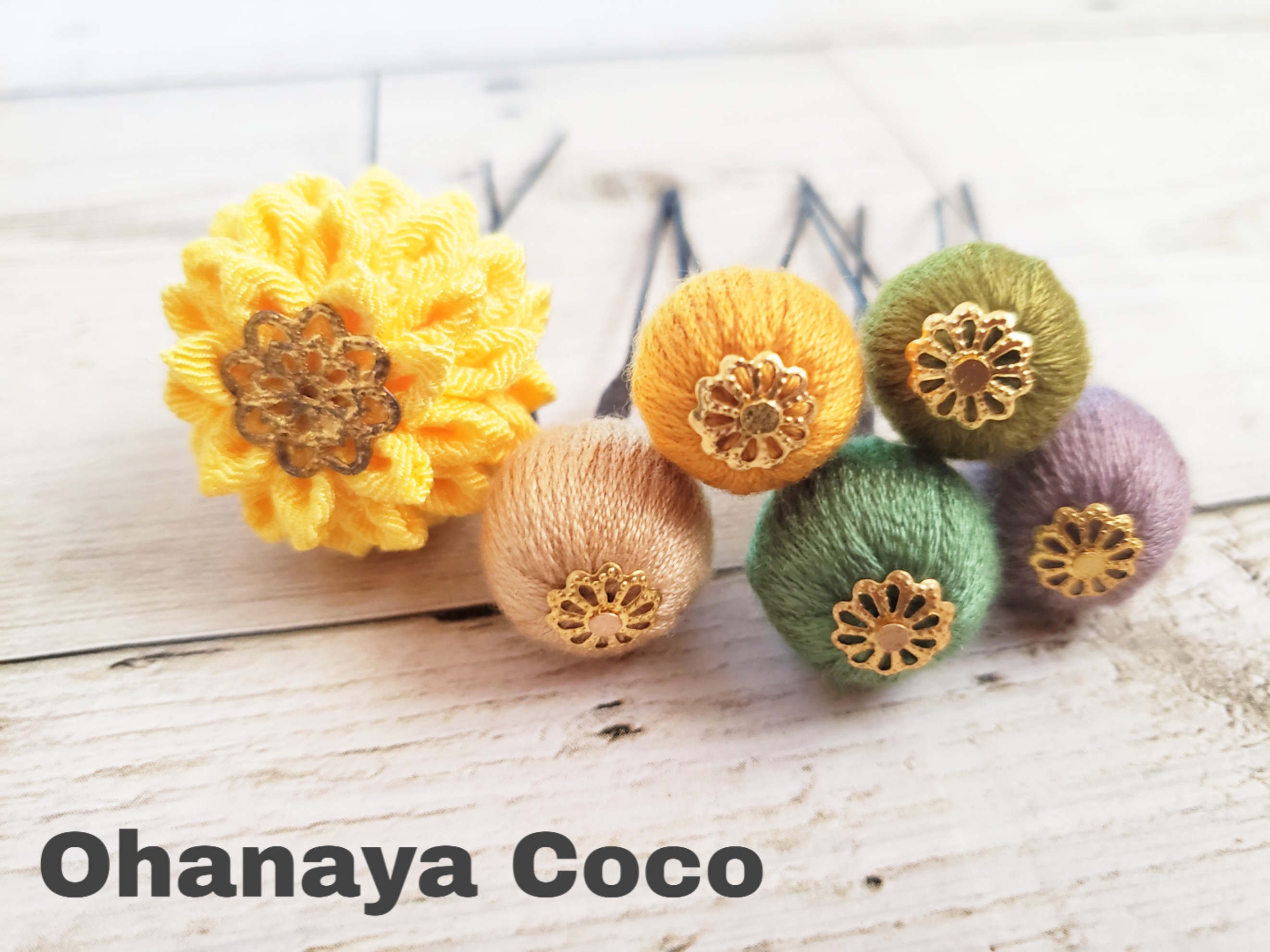 和玉ボールとつまみ細工の髪飾り6点set No805 袴 浴衣 振袖 Iichi ハンドメイド クラフト作品 手仕事品の通販