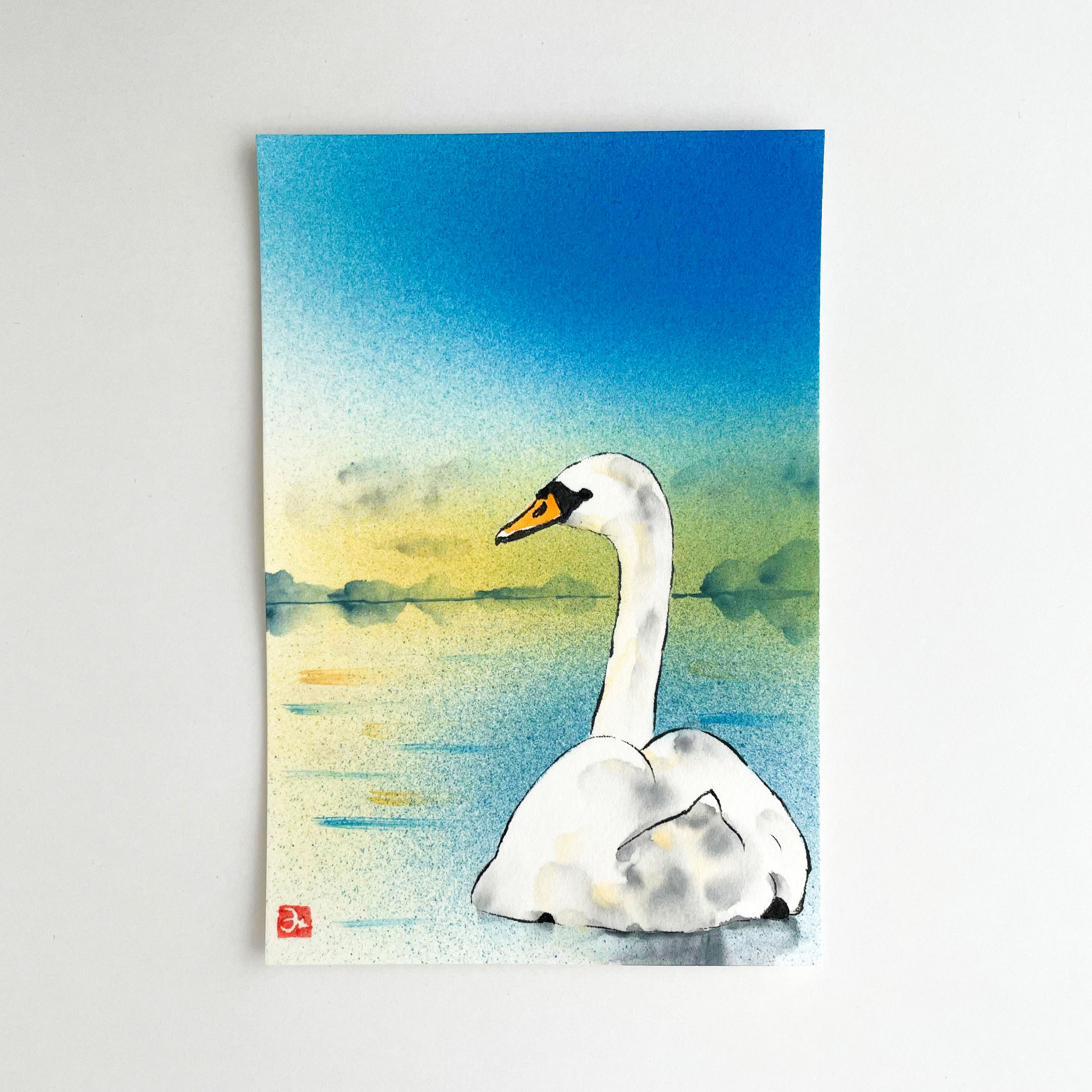 原画 夕暮れの白鳥 動物の絵 インテリア 絵画 アート Iichi ハンドメイド クラフト作品 手仕事品の通販
