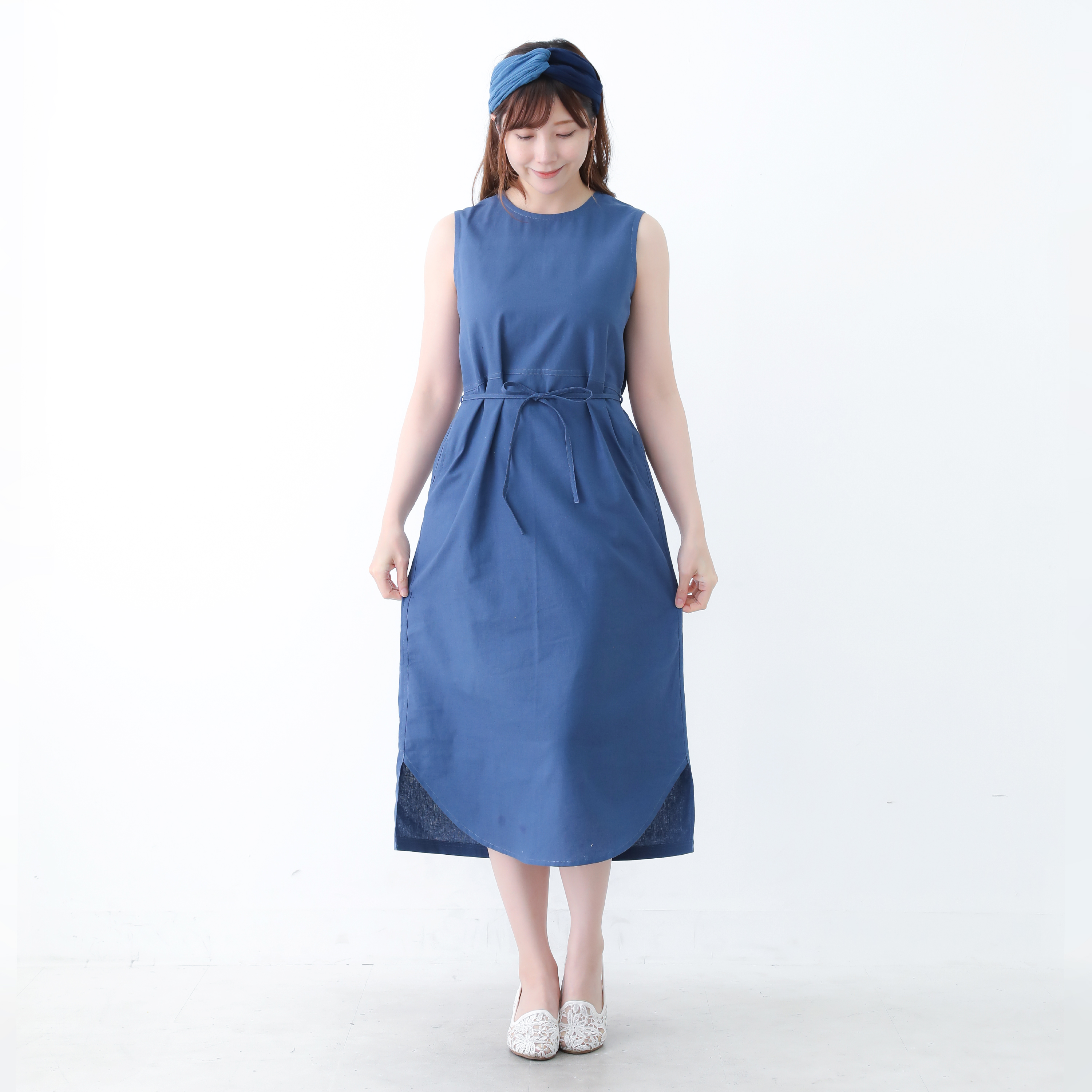 ネット限定 リネン コットン 裾がカーブになったノースリーブ ドレス ワンピース 半袖 麻 ブルー Iichi ハンドメイド クラフト作品 手仕事品の通販