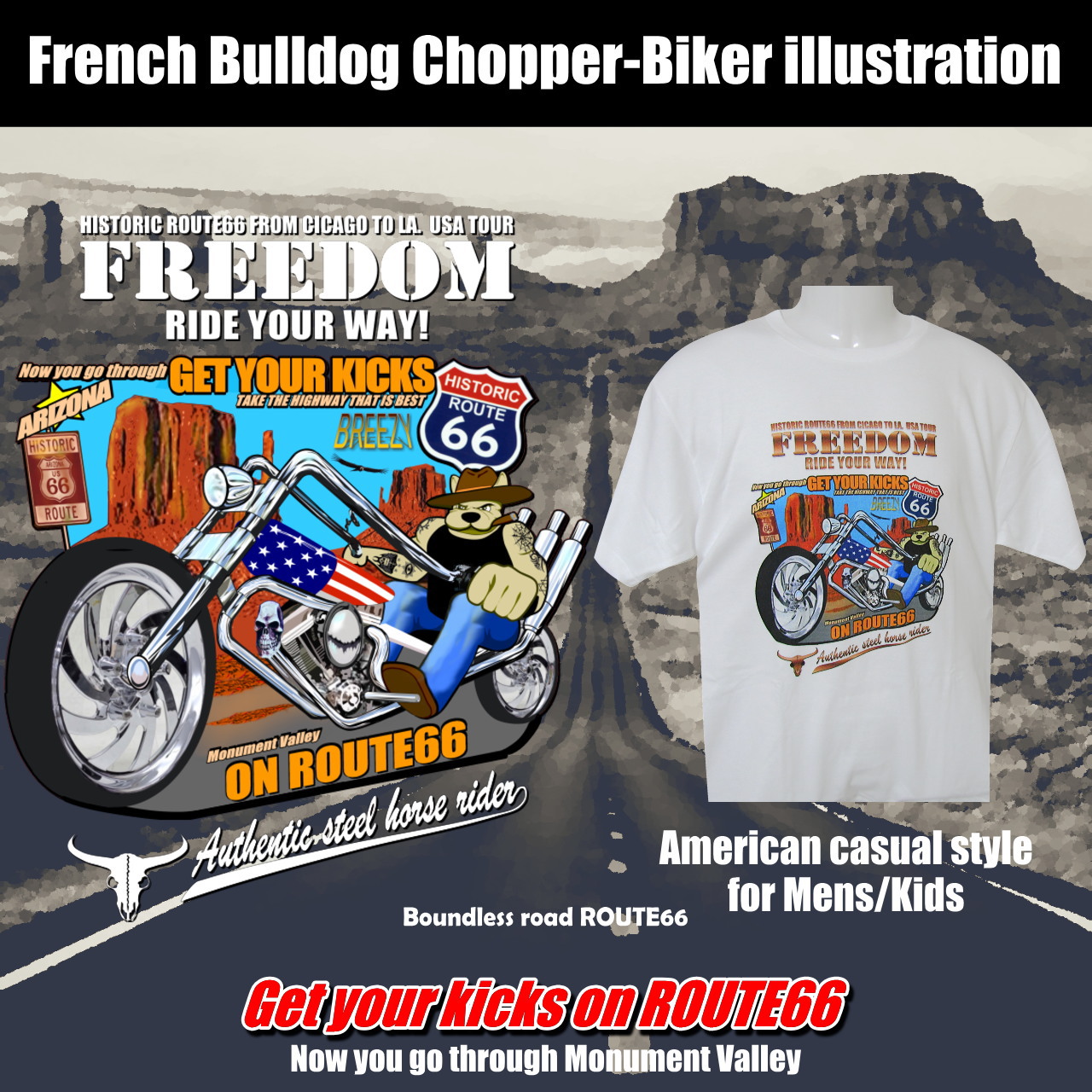 Route66 Freedom アメカジ風バイカー プリント フレンチブルドッグ メンズ Tシャツ Iichi ハンドメイド クラフト作品 手仕事品の通販