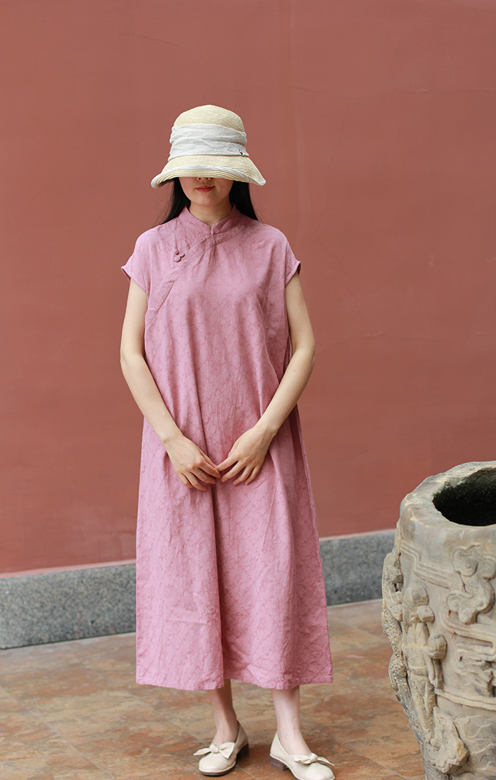 Aライン カジュアルワンピース 花柄 ピンク チャイナボタン Iichi ハンドメイド クラフト作品 手仕事品の通販