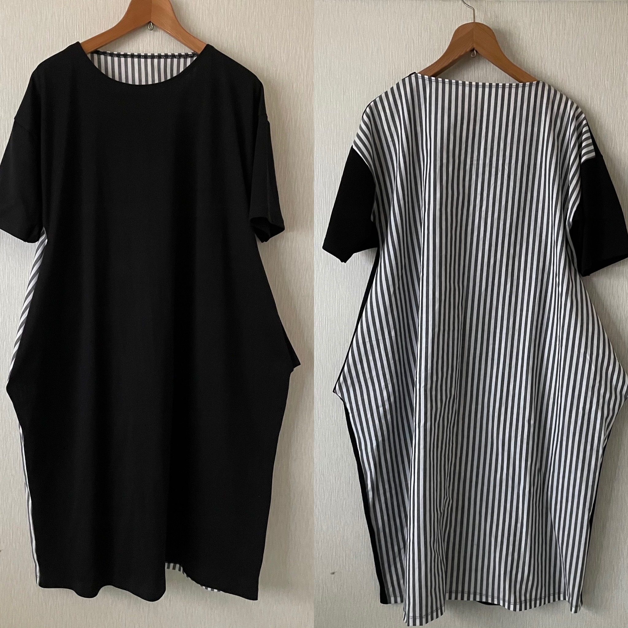 切替ストライプポケットデザインカット五部袖ワンピース黒オフｆ Iichi ハンドメイド クラフト作品 手仕事品の通販