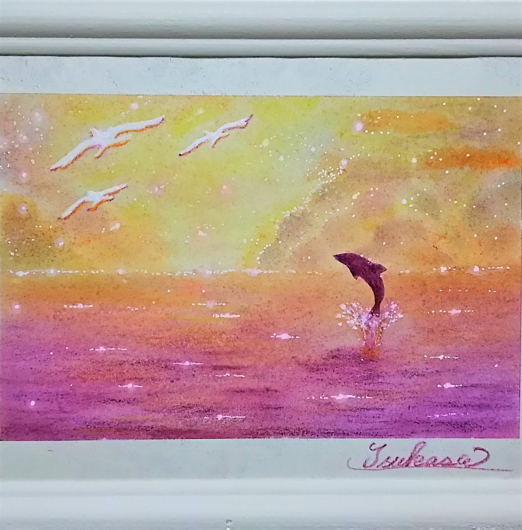 色鉛筆アート 夕日に照らされる海 風景画