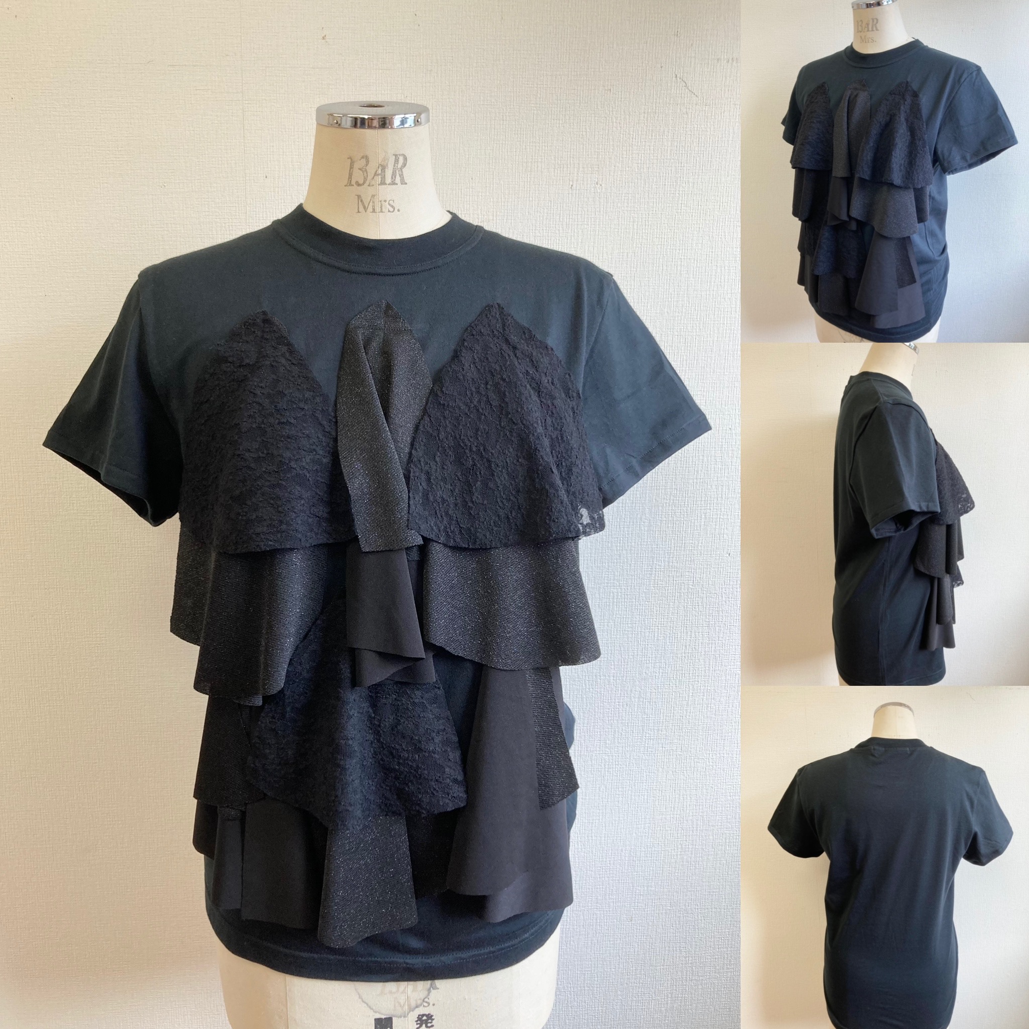 セール価格 リメイクtシャツ シフォンレースの前フリルtシャツ 黒 サイズ L Iichi ハンドメイド クラフト作品 手仕事品の通販