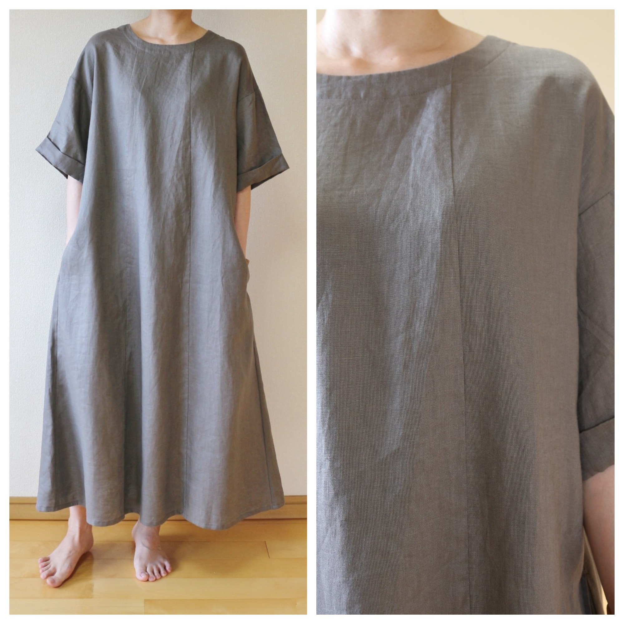 リネン100 の背中がポイントの台形シルエット ワンピース グレージュ 送料無料 Iichi ハンドメイド クラフト作品 手仕事品の通販