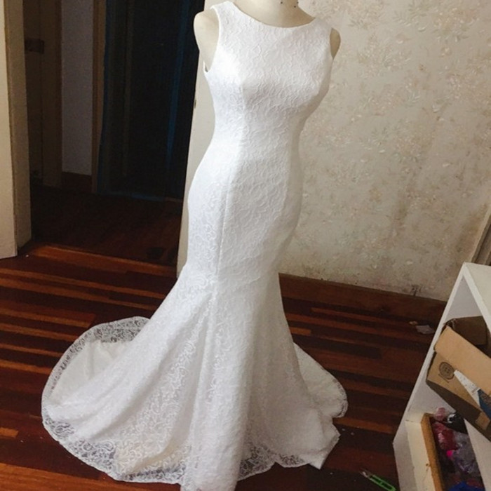 ウエディングドレス スレンダーライン ミニトレーン エレガント マーメイドドレス 総レース Iichi ハンドメイド クラフト作品 手仕事品の通販