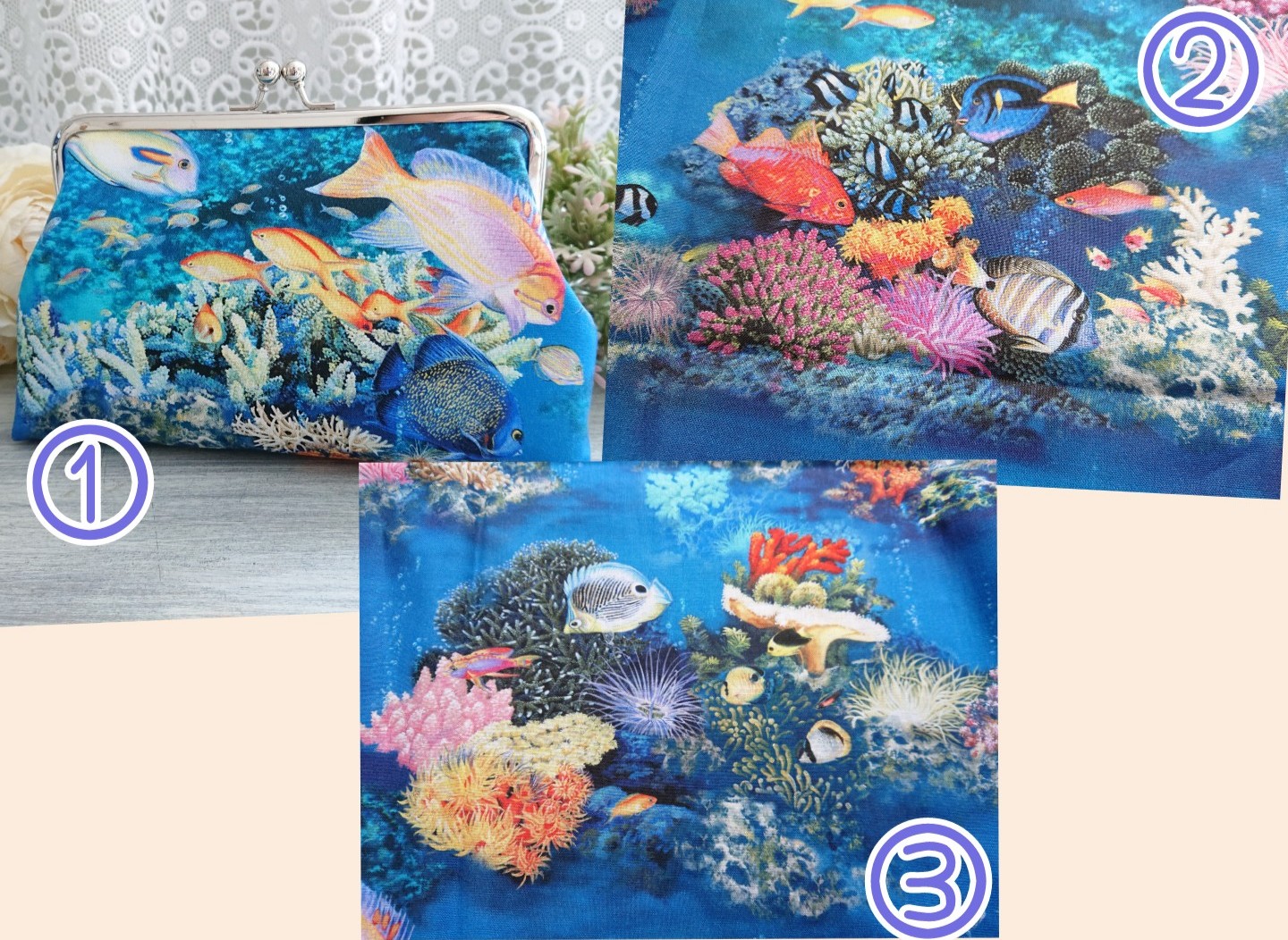 海の世界の癒しブルーのがま口ポーチ 熱帯魚海水魚サンゴ珊瑚イソギンチャク Iichi ハンドメイド クラフト作品 手仕事品の通販