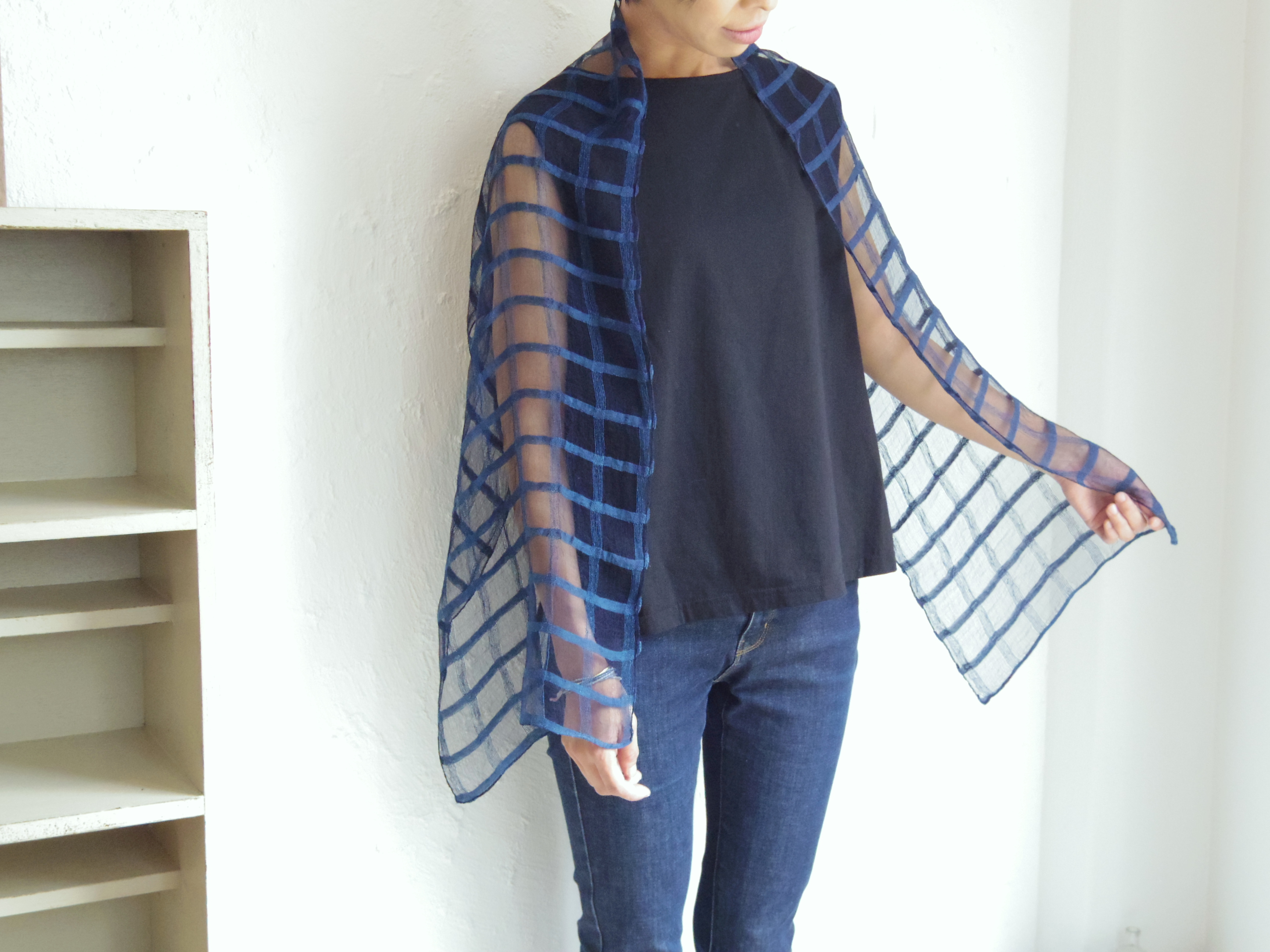 藍染 シルクストール格子 留紺 Iichi ハンドメイド クラフト作品 手仕事品の通販