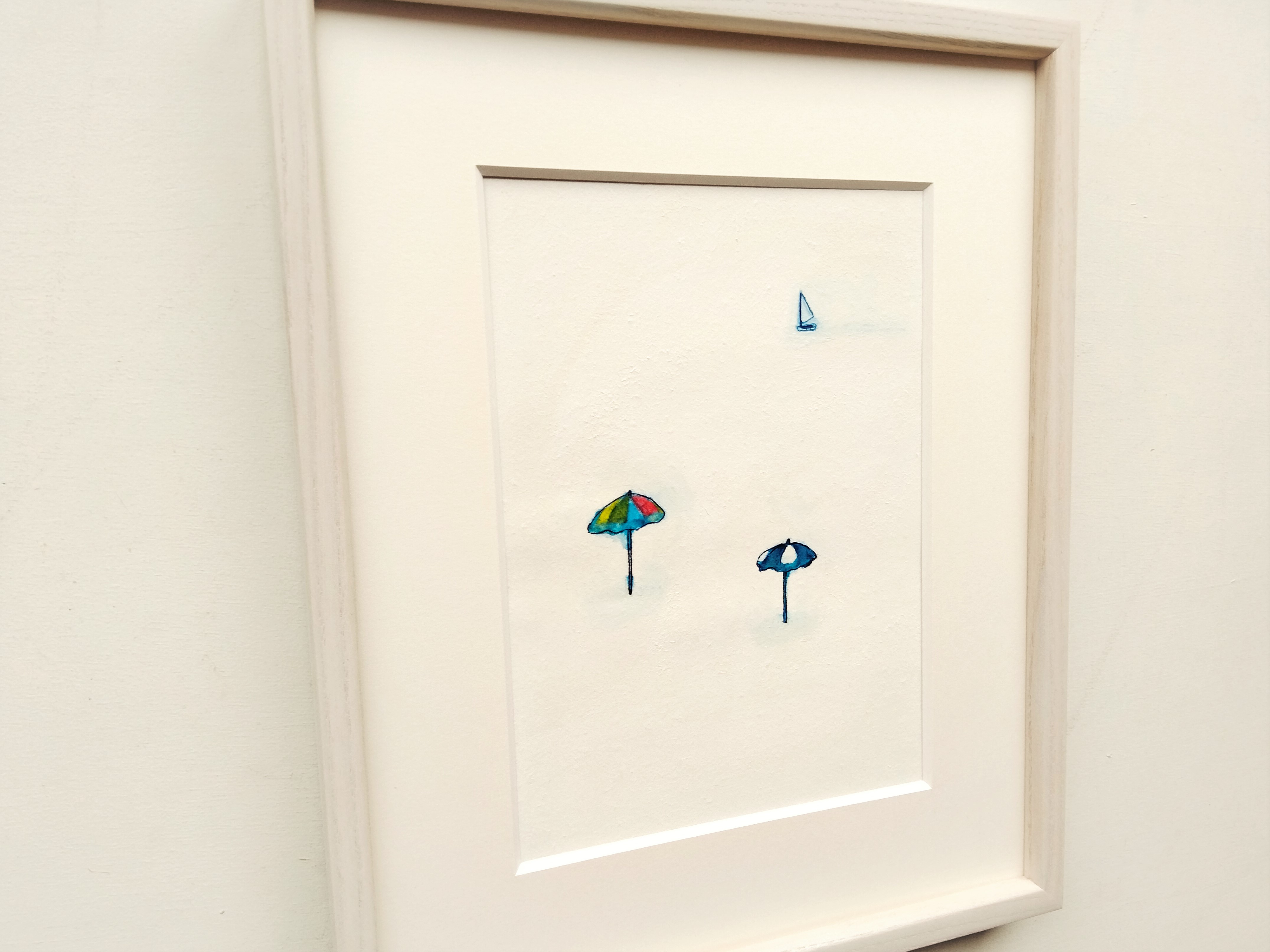超安い 原画 パラソルと海 水彩イラスト 木製額縁入り 水彩絵具 墨 Oceanrepublicbrewing Com