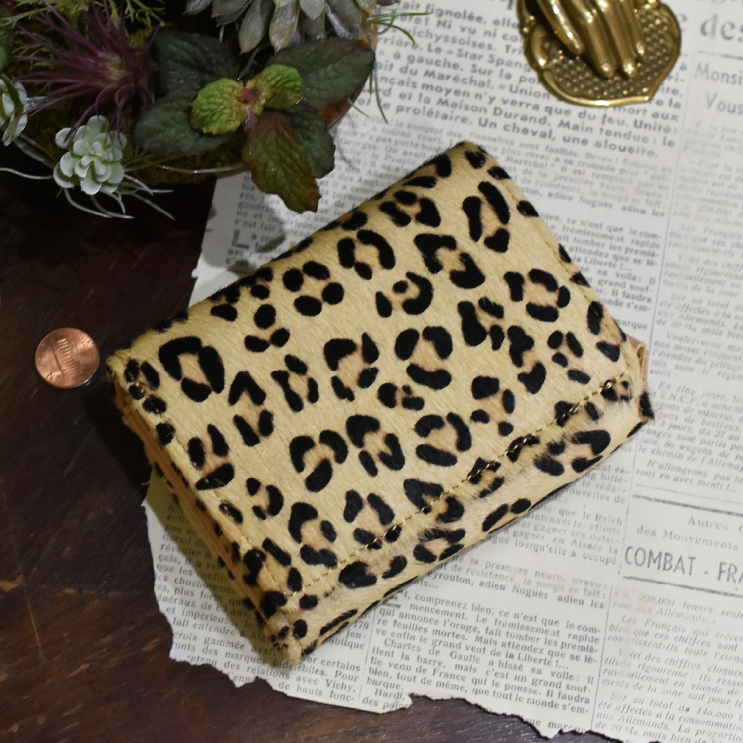 毛付きレザー 二つ折り財布 ミニ 本革 アニマル 千鳥柄 ヒョウ レオパード お洒落 財布 ファー レオパ Tow008 Iichi ハンドメイド クラフト作品 手仕事品の通販