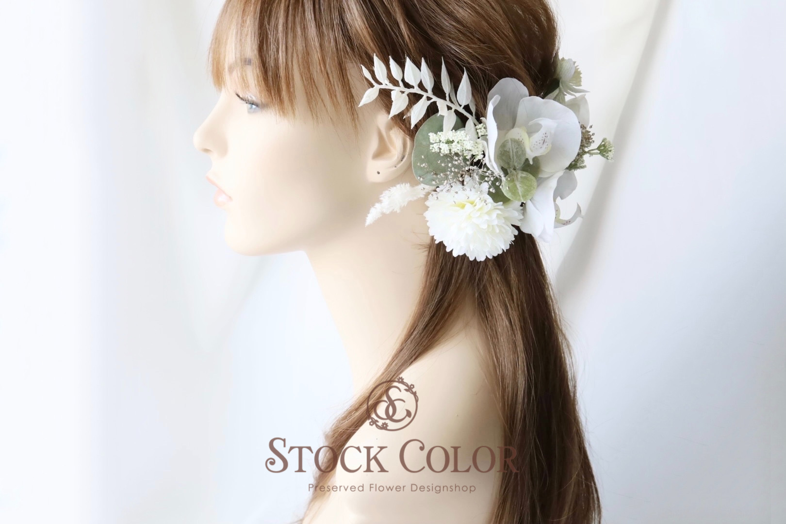 胡蝶蘭とユーカリのヘッドドレス ヘアアクセサリー＊ウェディング 結婚式 成人式 前撮り 髪飾り 和装 白無垢